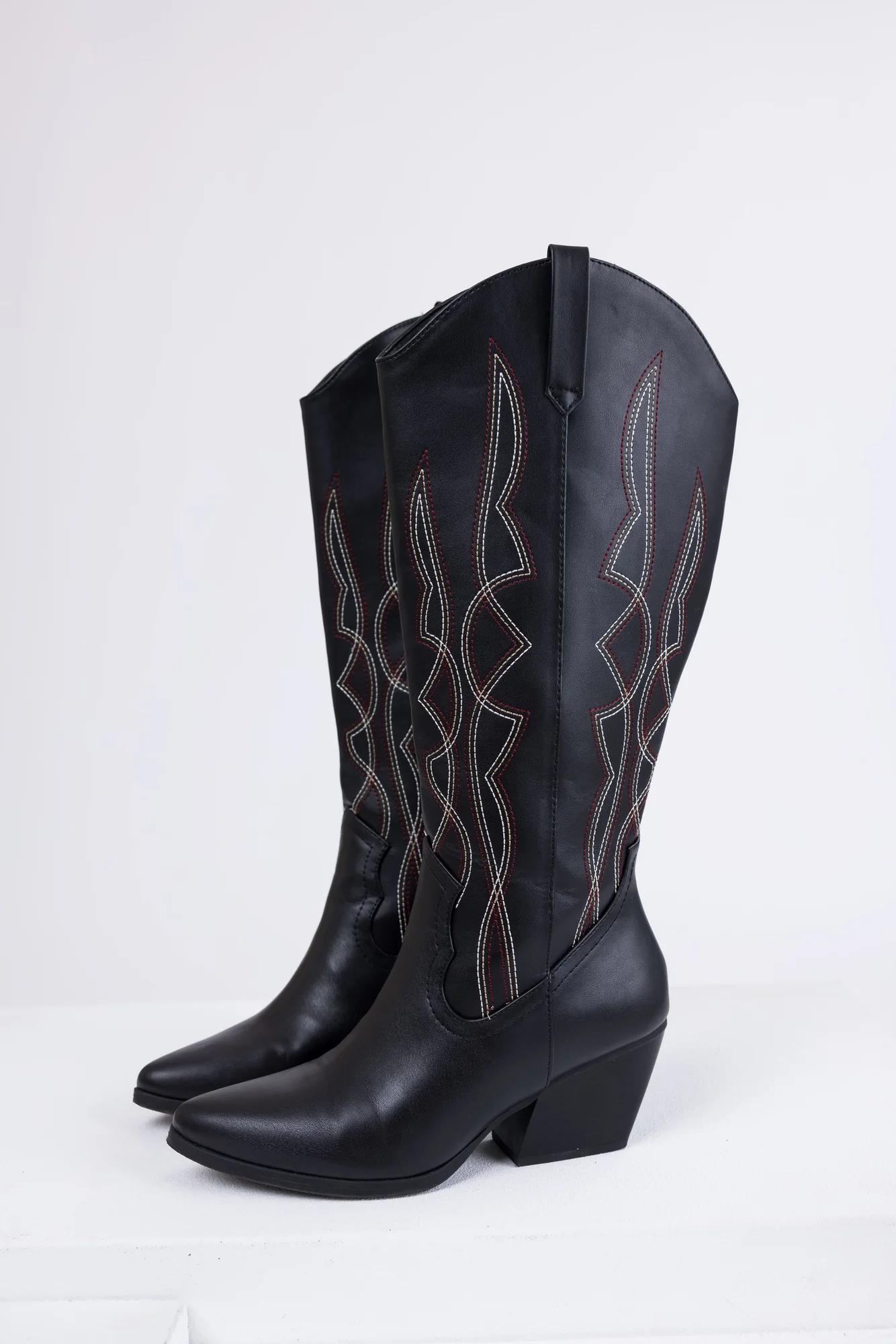 Western Style Black Knee High Boots - Faux Leather Embroidered