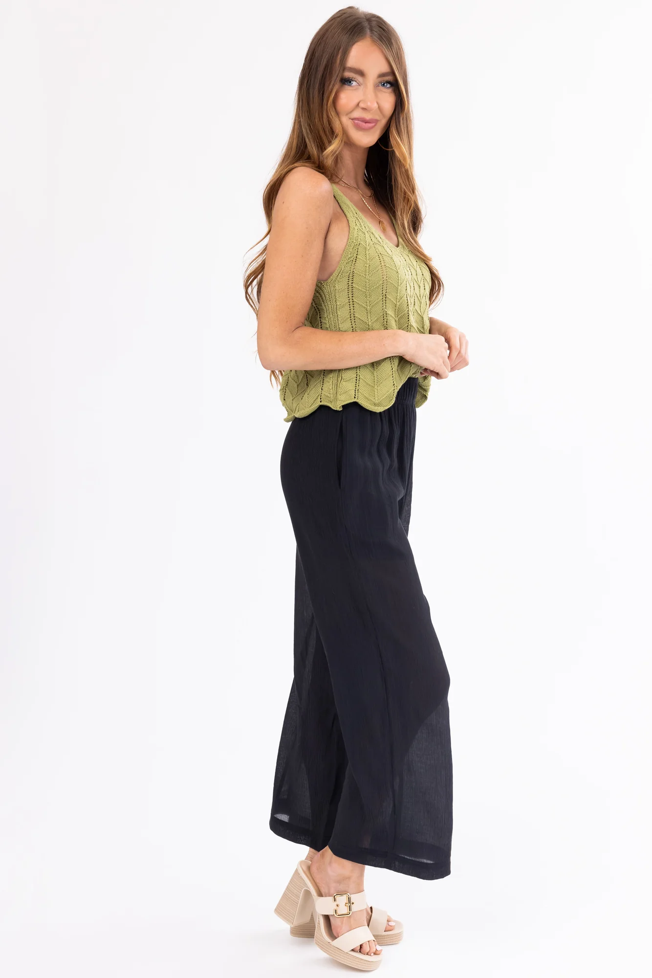 Black Textured Wide Leg Pants for Women