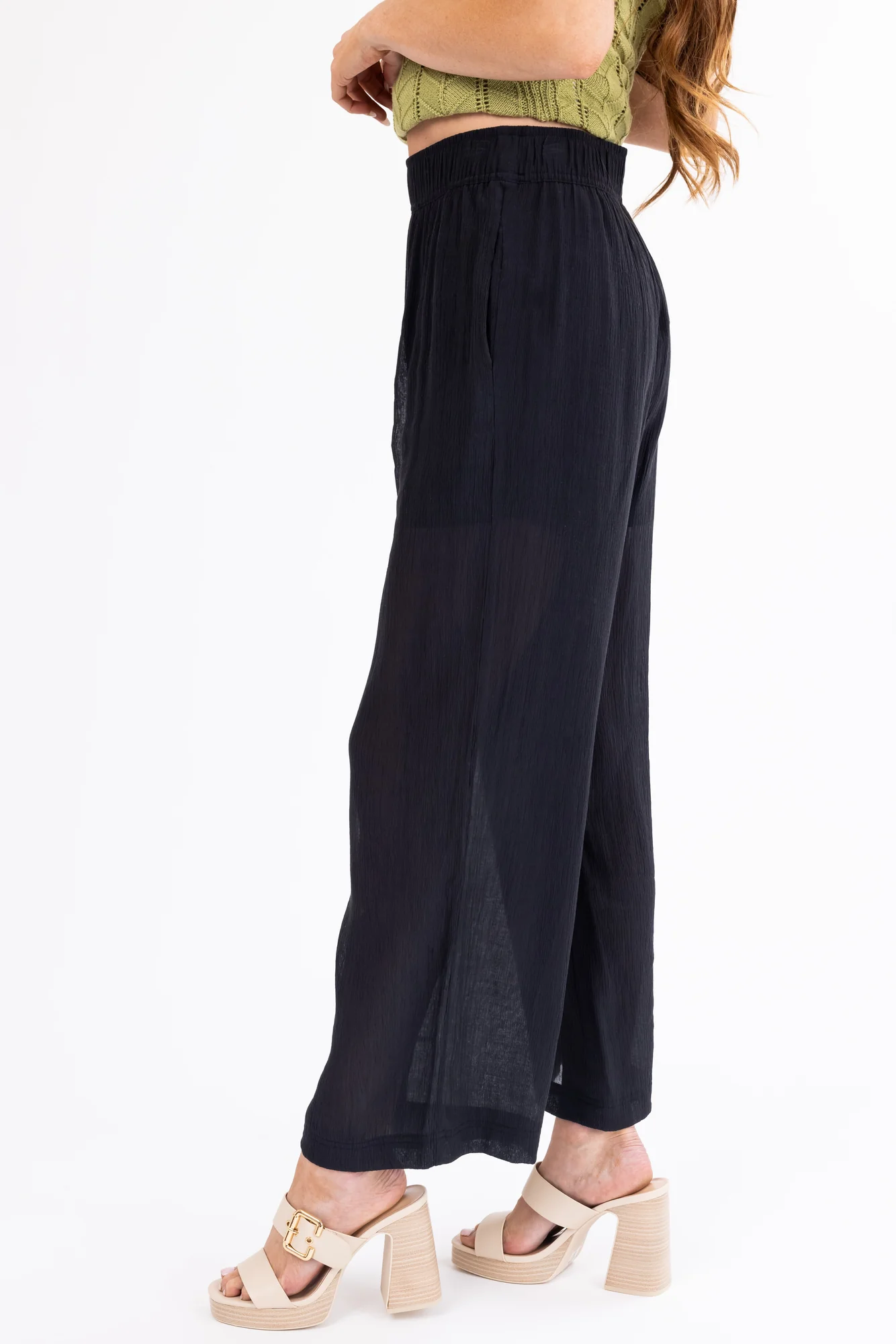 Black Textured Wide Leg Pants for Women