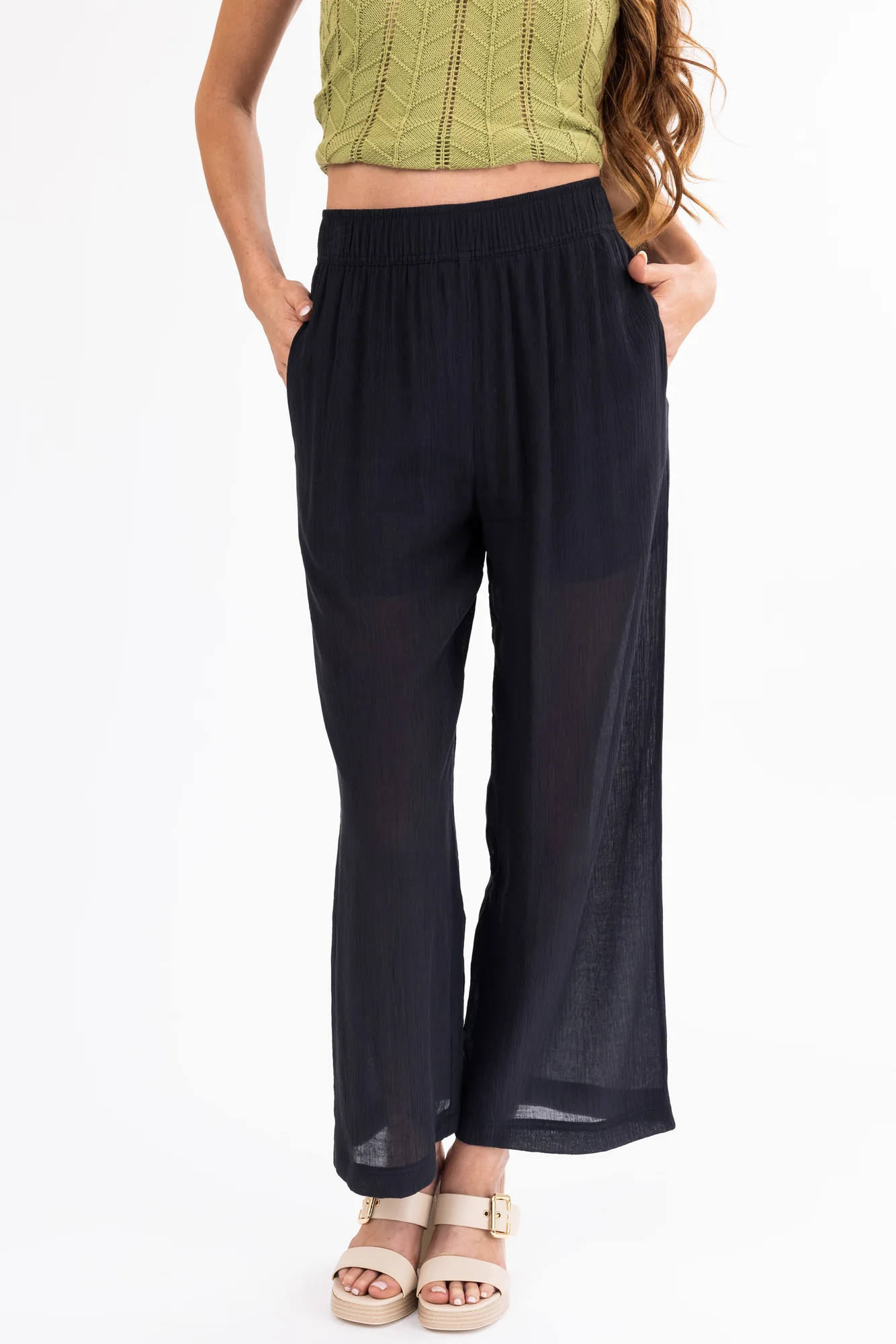 Black Textured Wide Leg Pants for Women