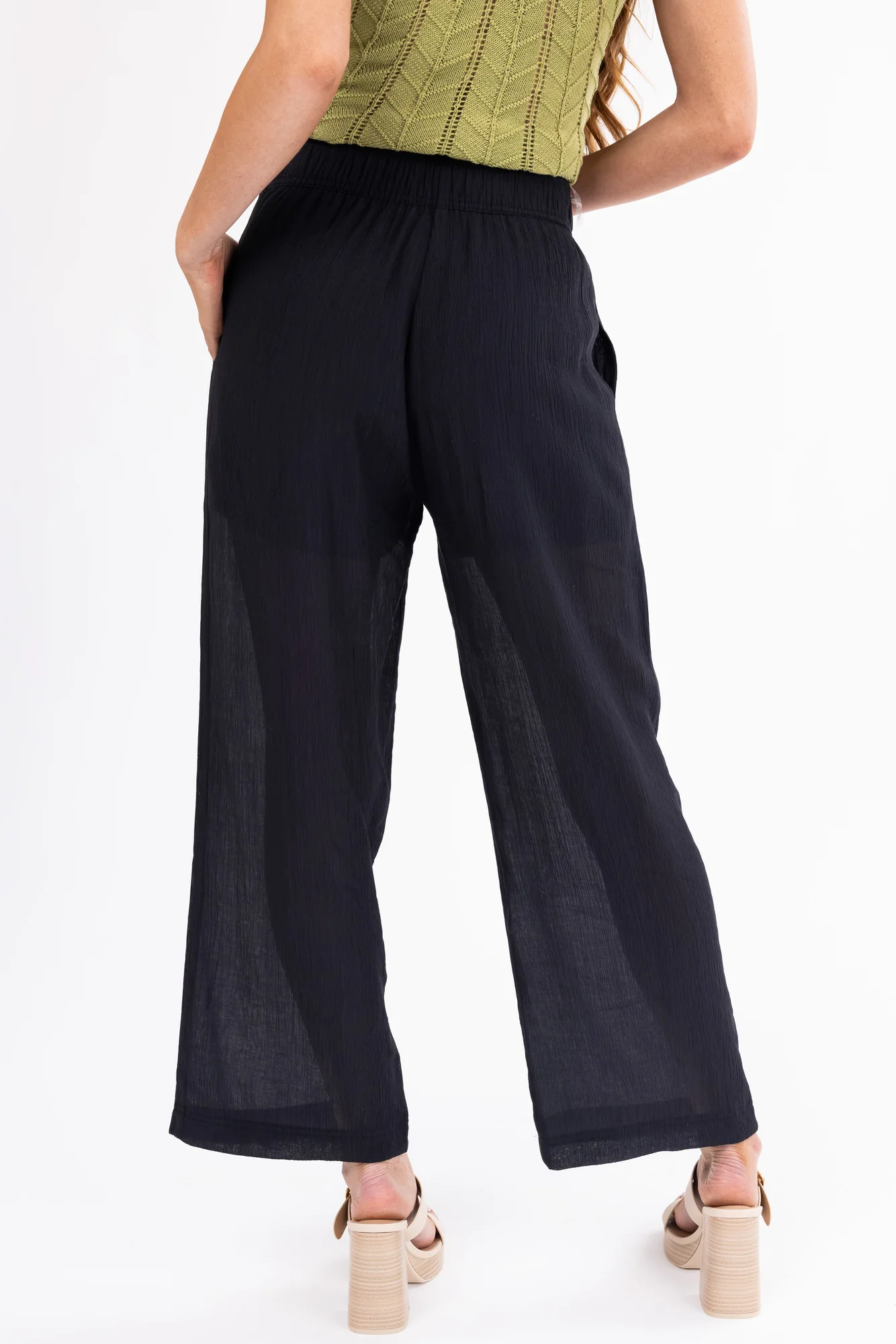 Black Textured Wide Leg Pants for Women