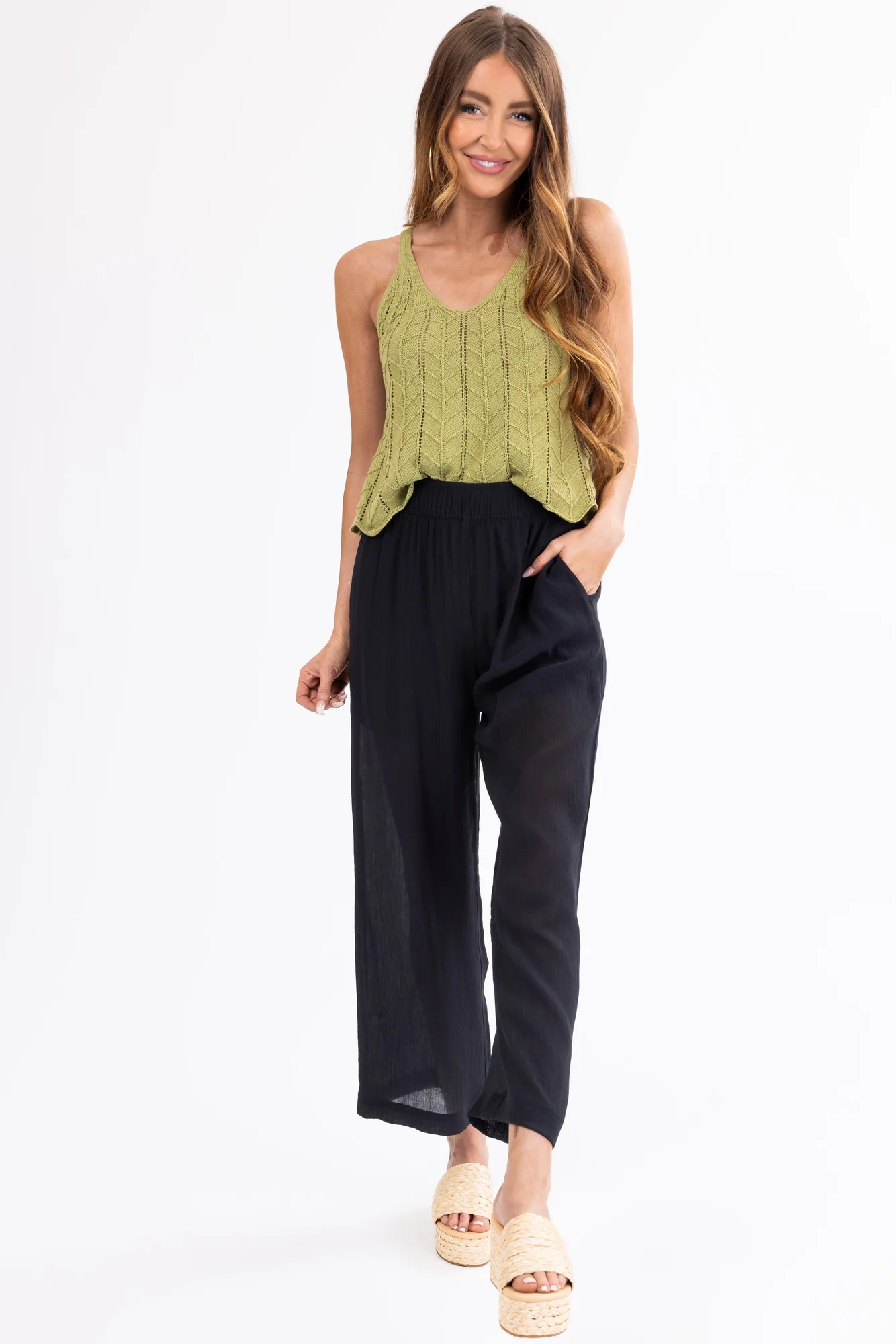 Black Textured Wide Leg Pants for Women
