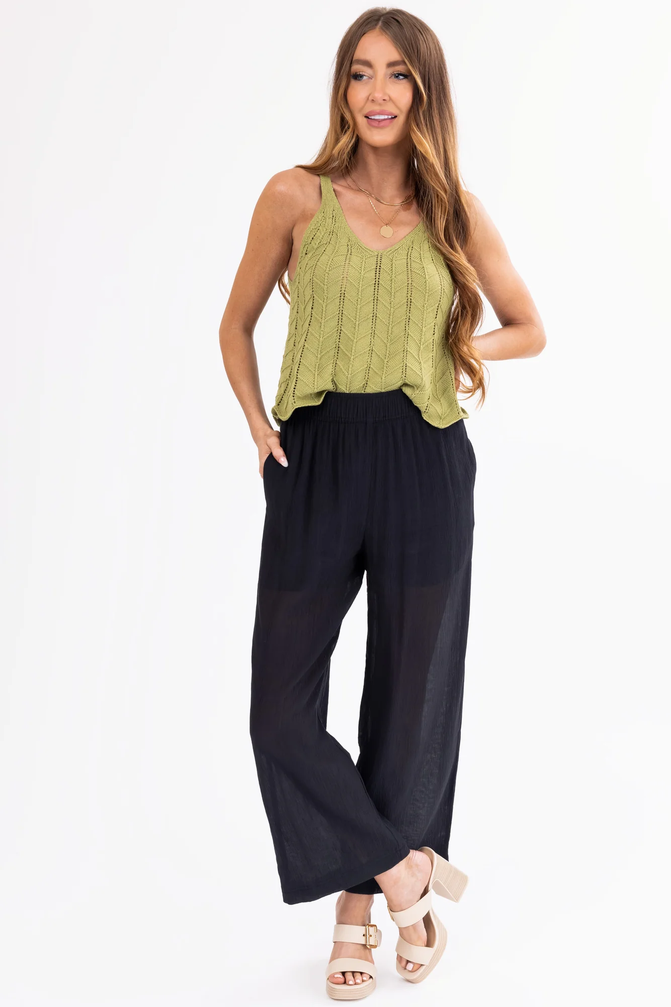 Black Textured Wide Leg Pants for Women