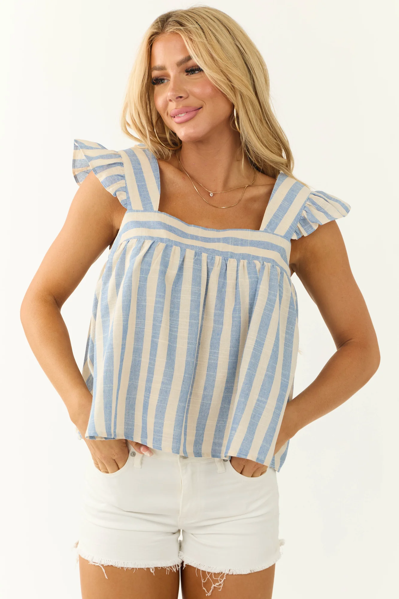 Striped Cotton Ruffle Sleeve Top in Beige and Cornflower