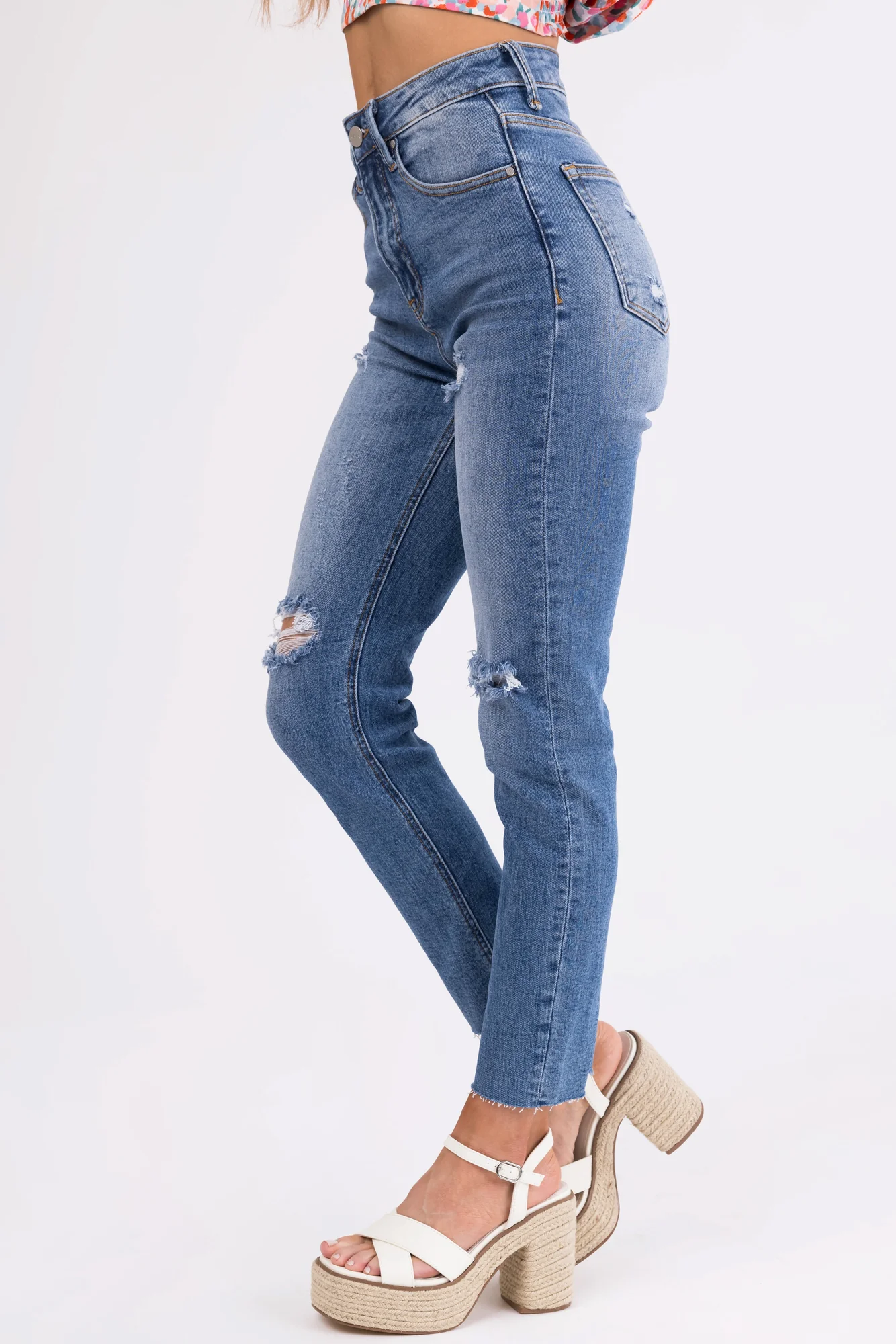 Medium Wash High Rise Skinny Jeans - Distressed Knees & Raw Hem