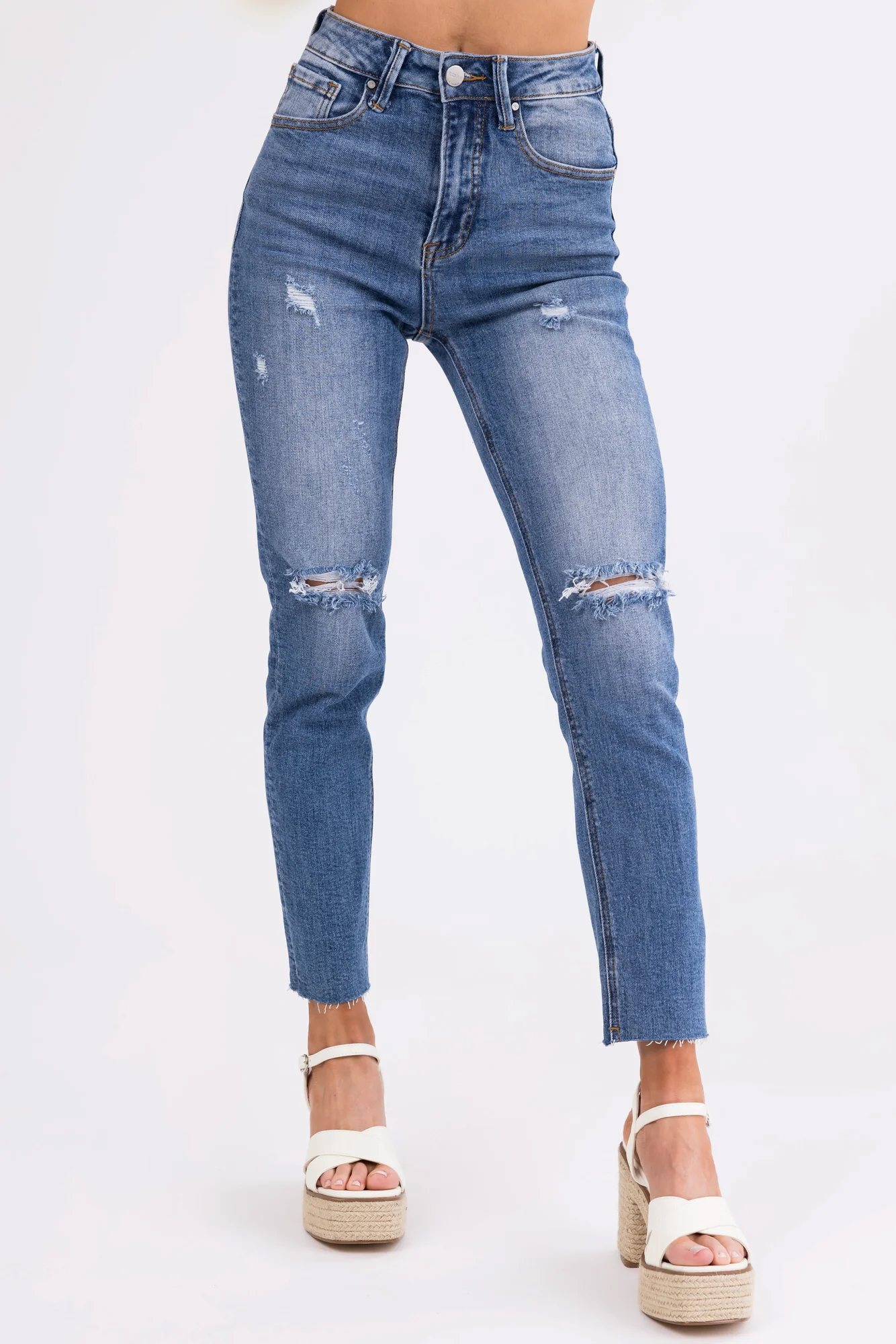 Medium Wash High Rise Skinny Jeans - Distressed Knees & Raw Hem