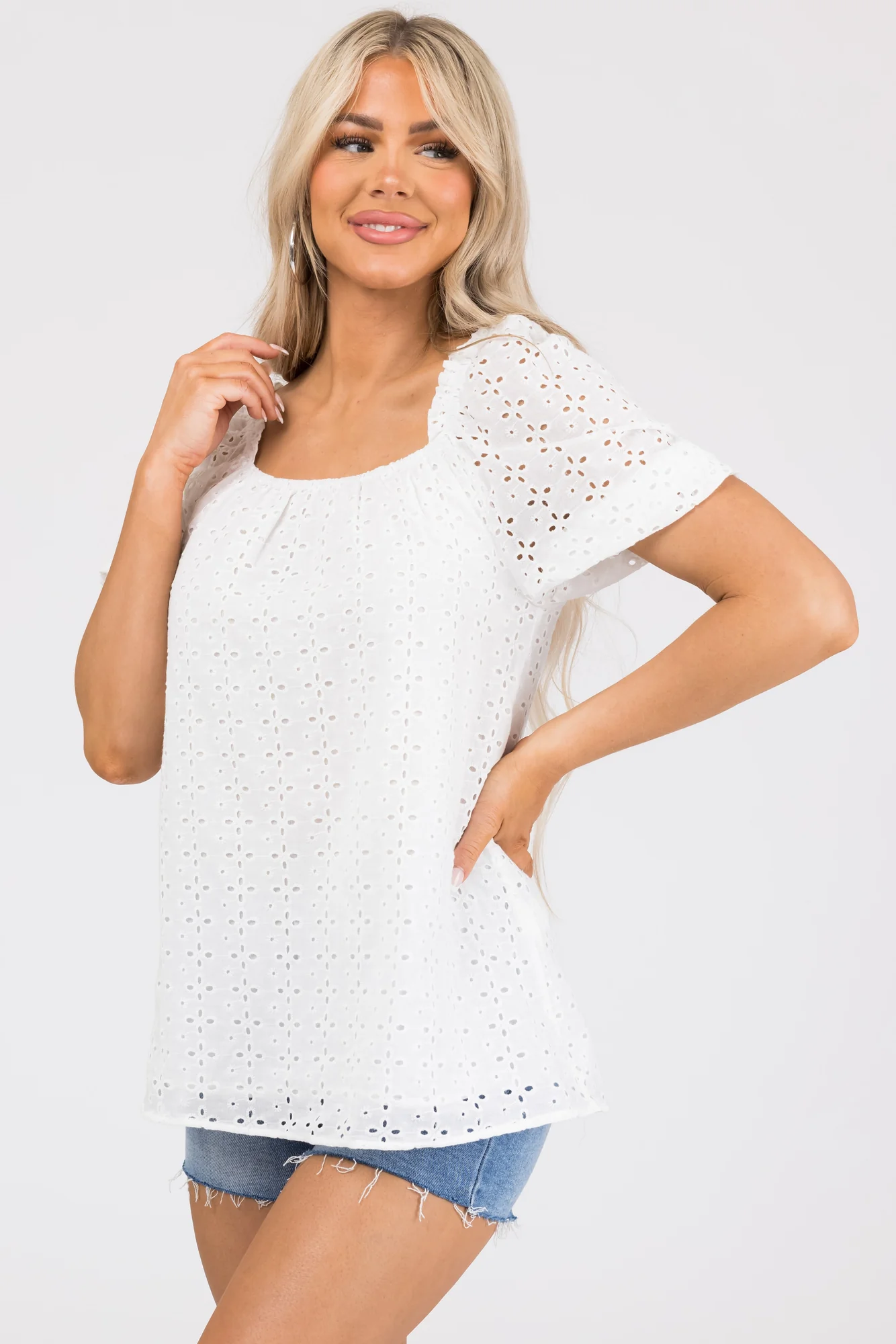 White Cotton Eyelet Detail Puff Sleeve Square Top