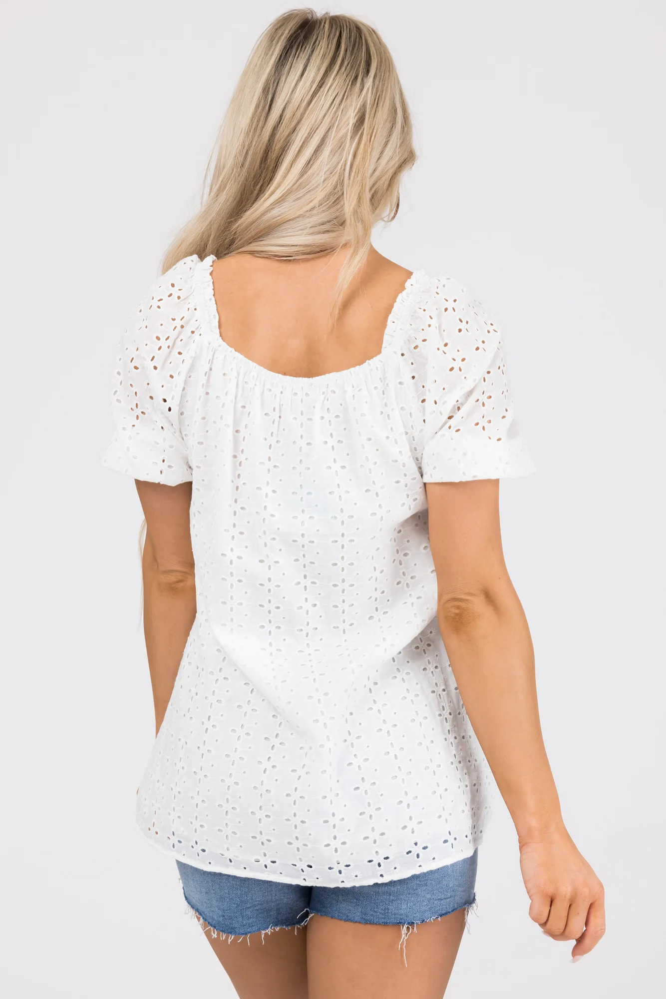 White Cotton Eyelet Detail Puff Sleeve Square Top