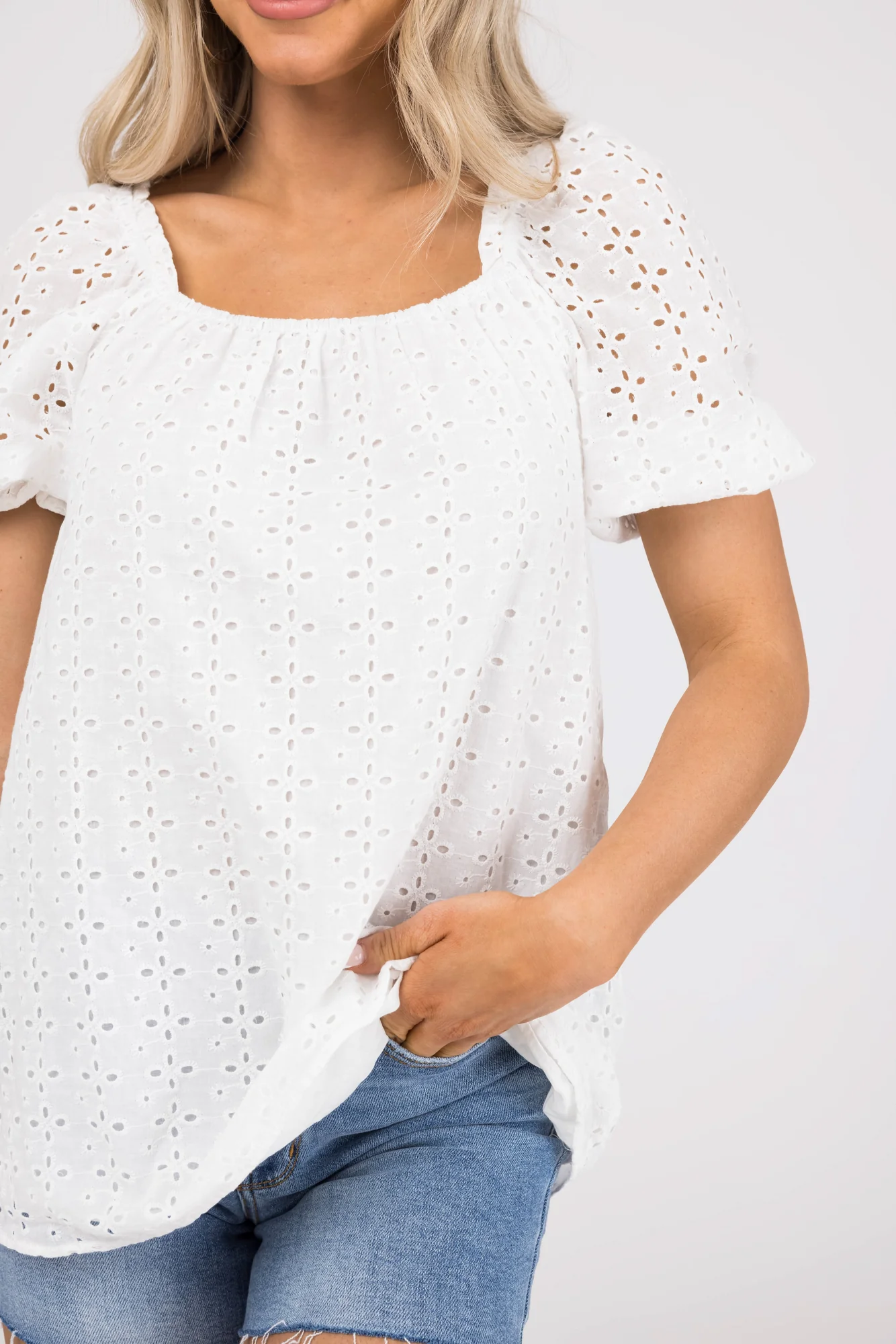 White Cotton Eyelet Detail Puff Sleeve Square Top