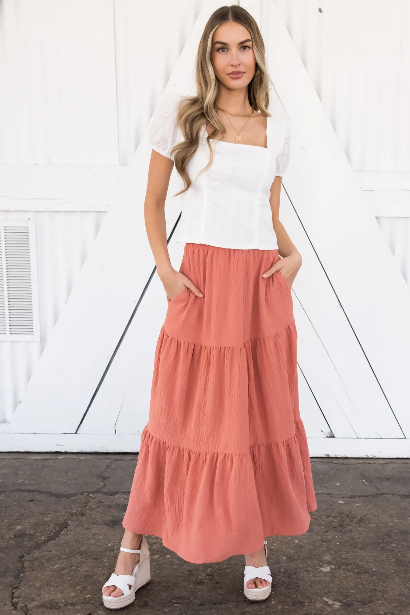 Coral Textured Tiered Maxi Skirt