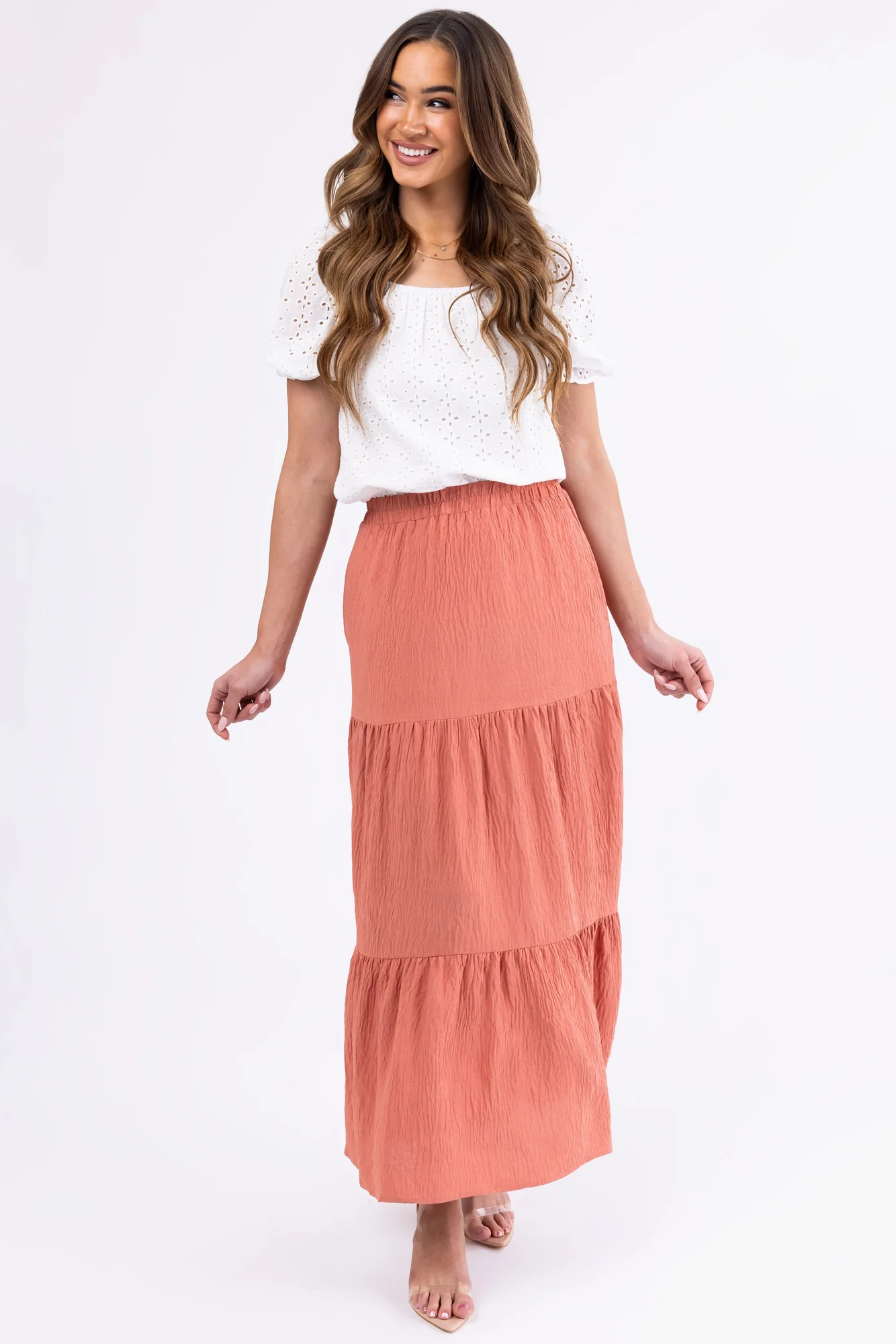 Coral Textured Tiered Maxi Skirt