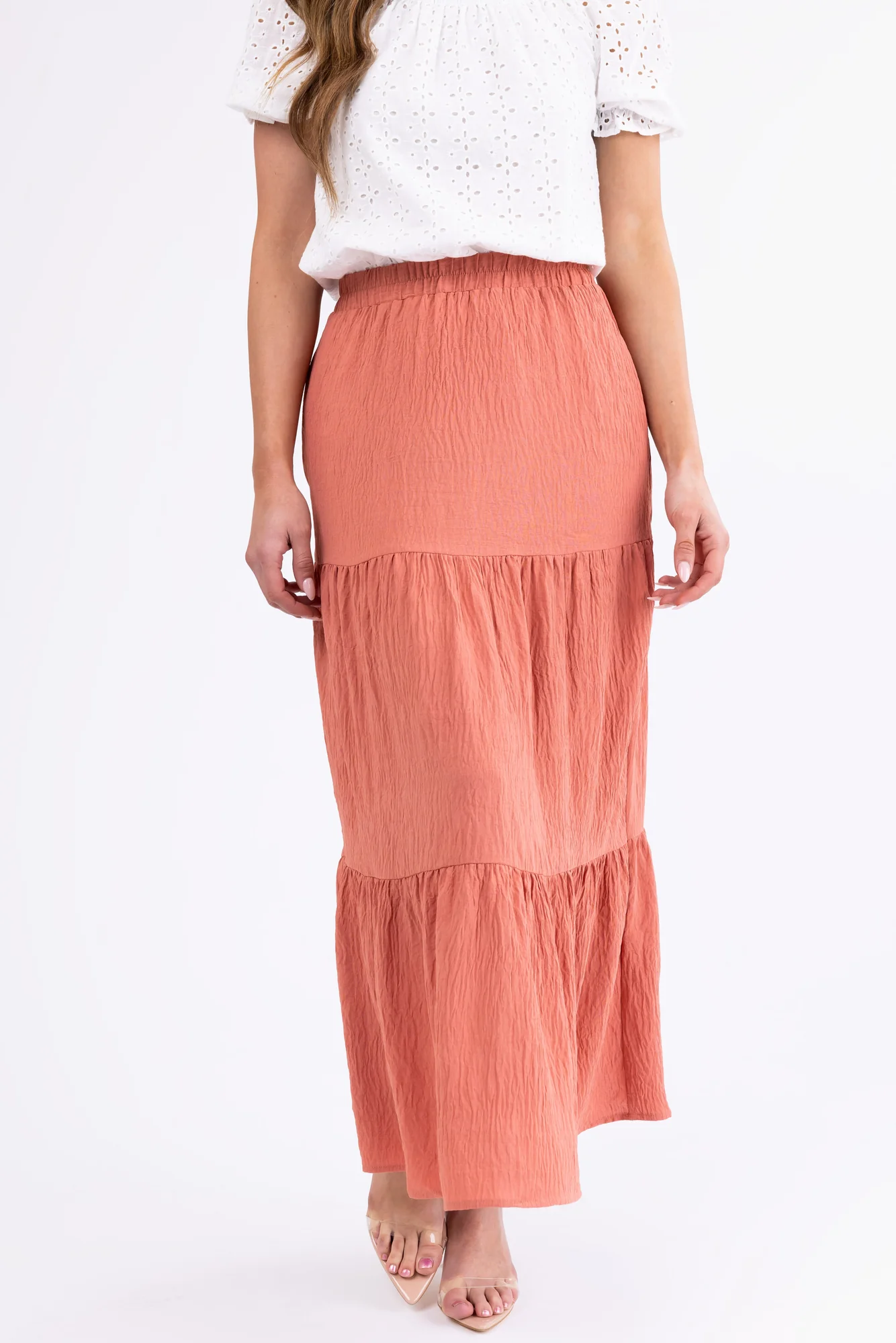 Coral Textured Tiered Maxi Skirt