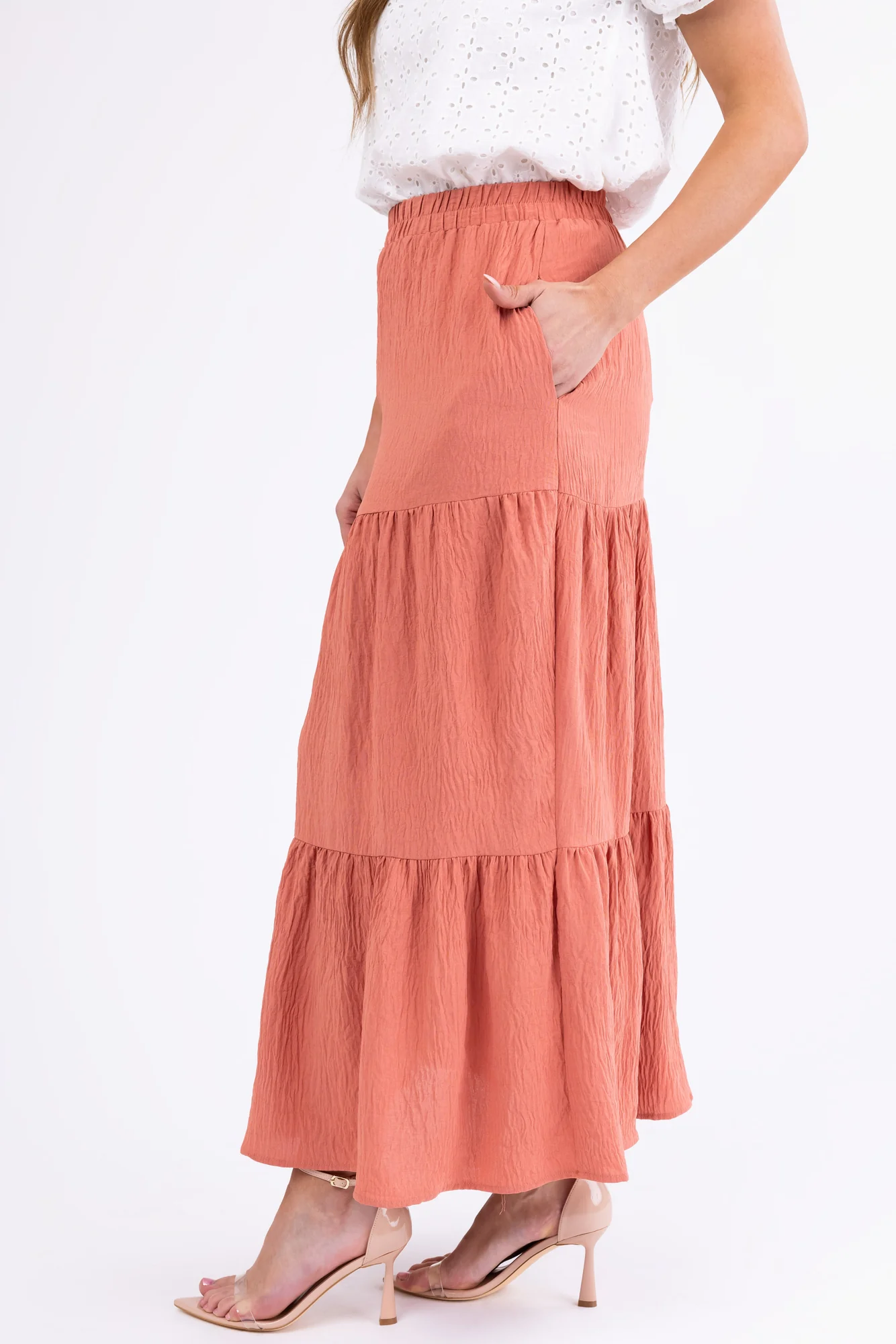 Coral Textured Tiered Maxi Skirt