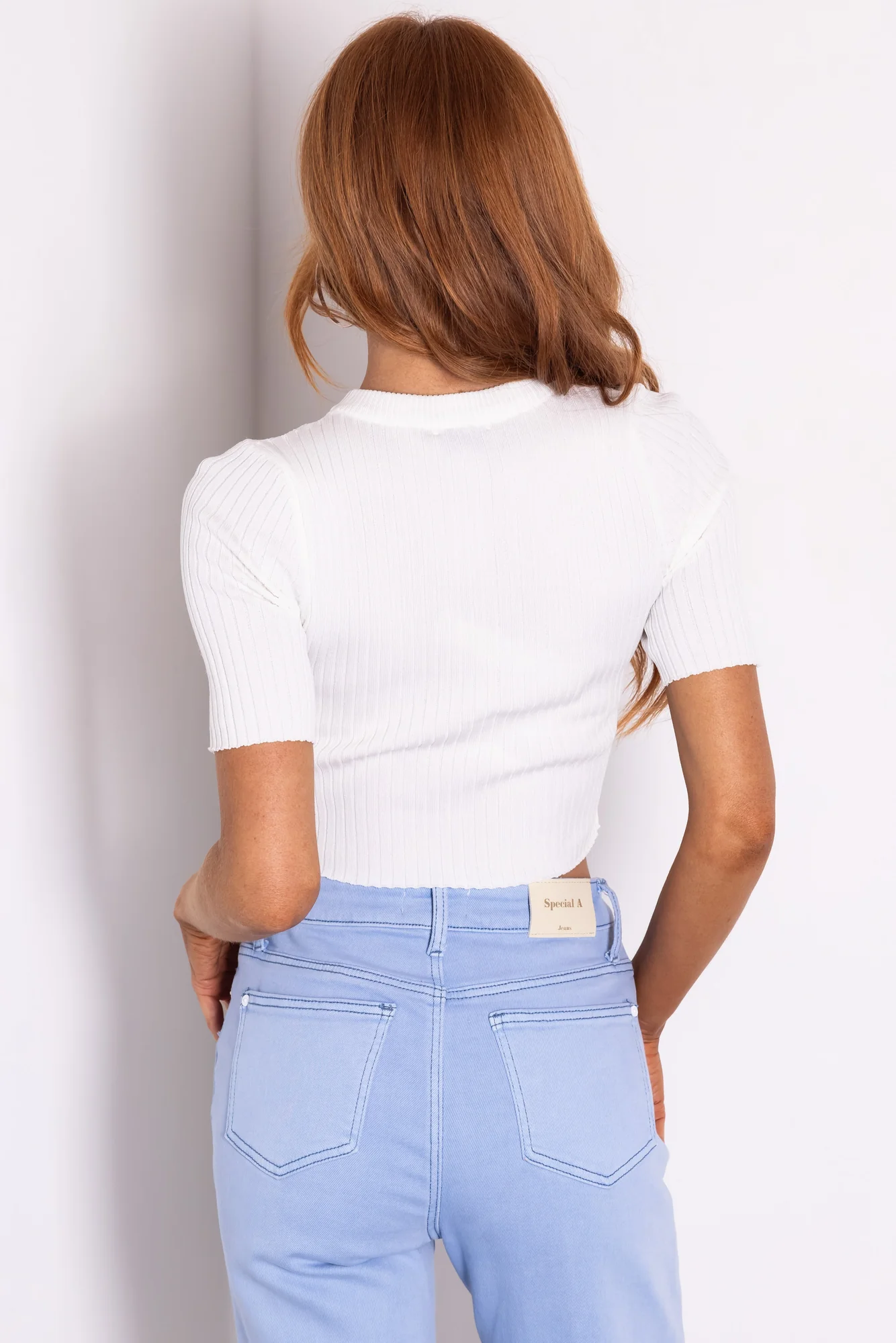 Off White Ribbed Knit Crop Top Short Sleeve - Fitted Style