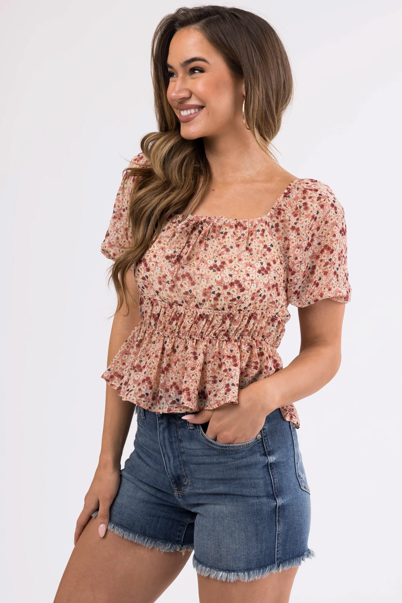 Floral Peplum Sleeve Top in Coral, Ivory, Mustard, and Black