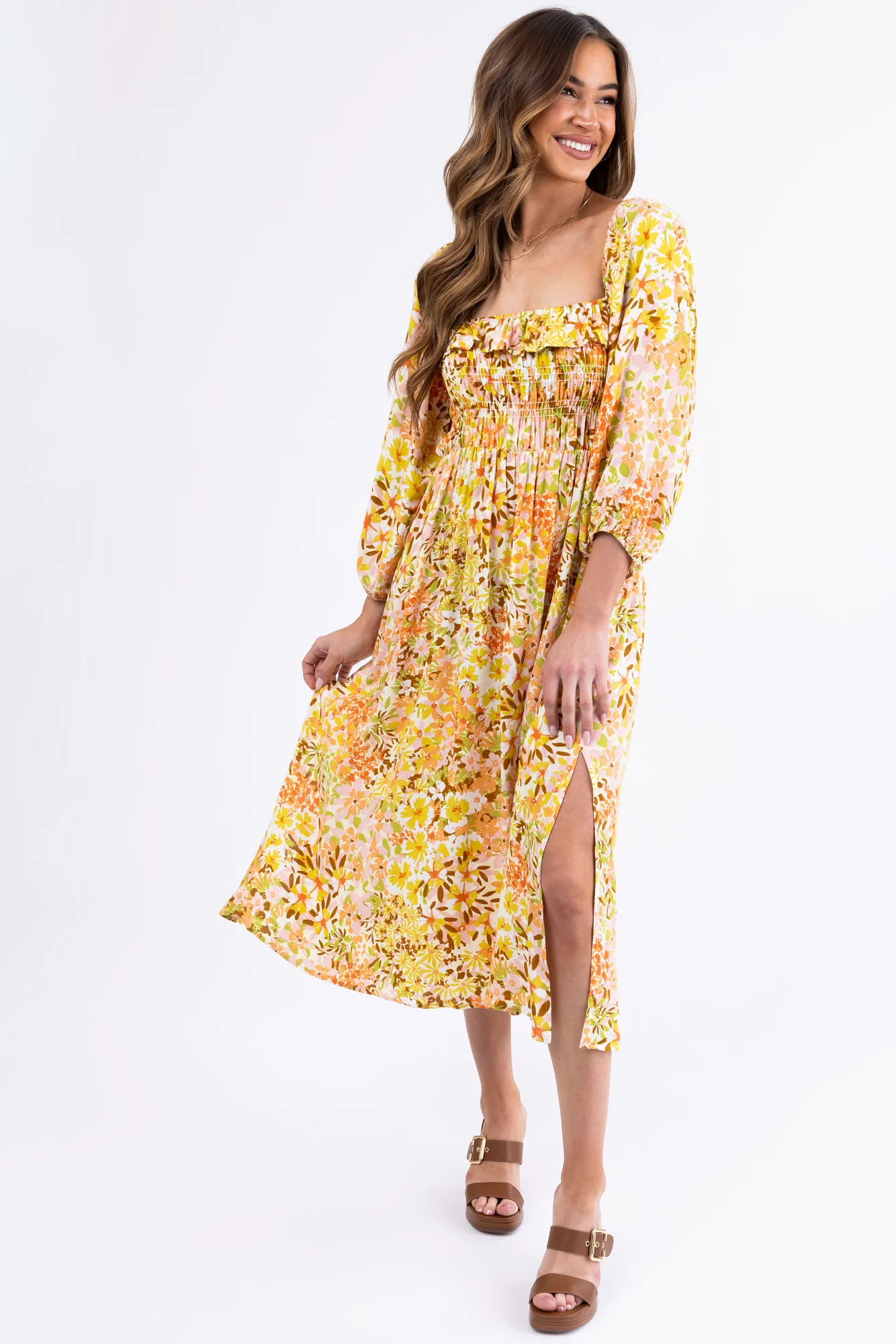 Floral Print Smocked Midi Dress in Buttercream