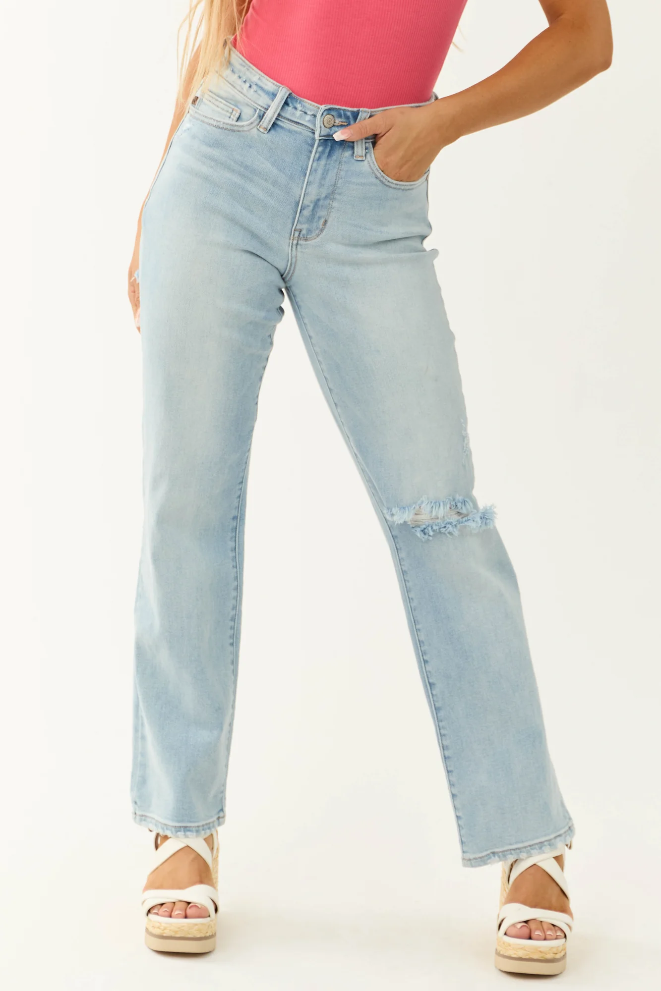Light Wash Distressed High Waist Wide Leg Denim Jeans