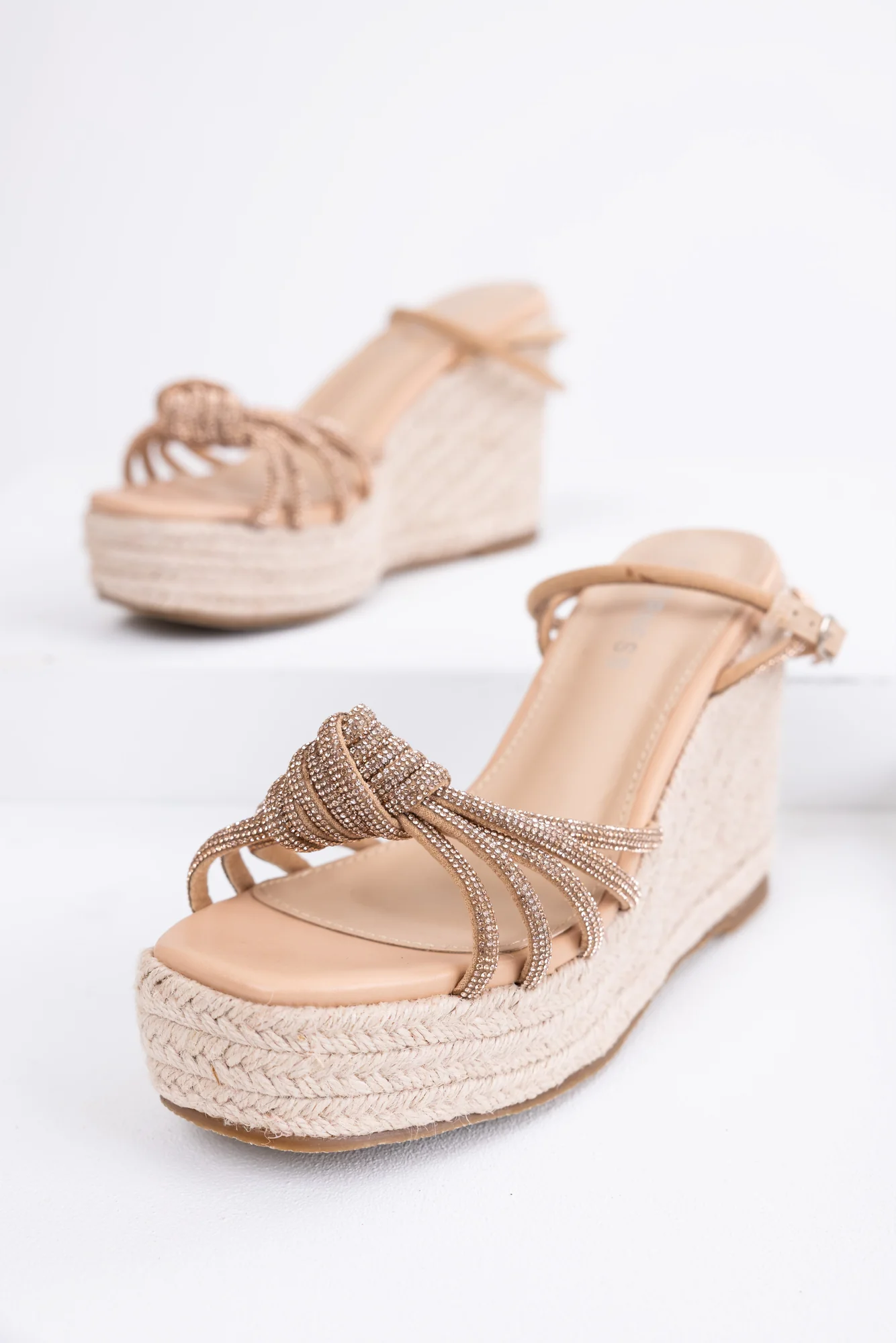 Gold Rhinestone Strappy Espadrille Wedges - Womens Elegant Fashion Shoes