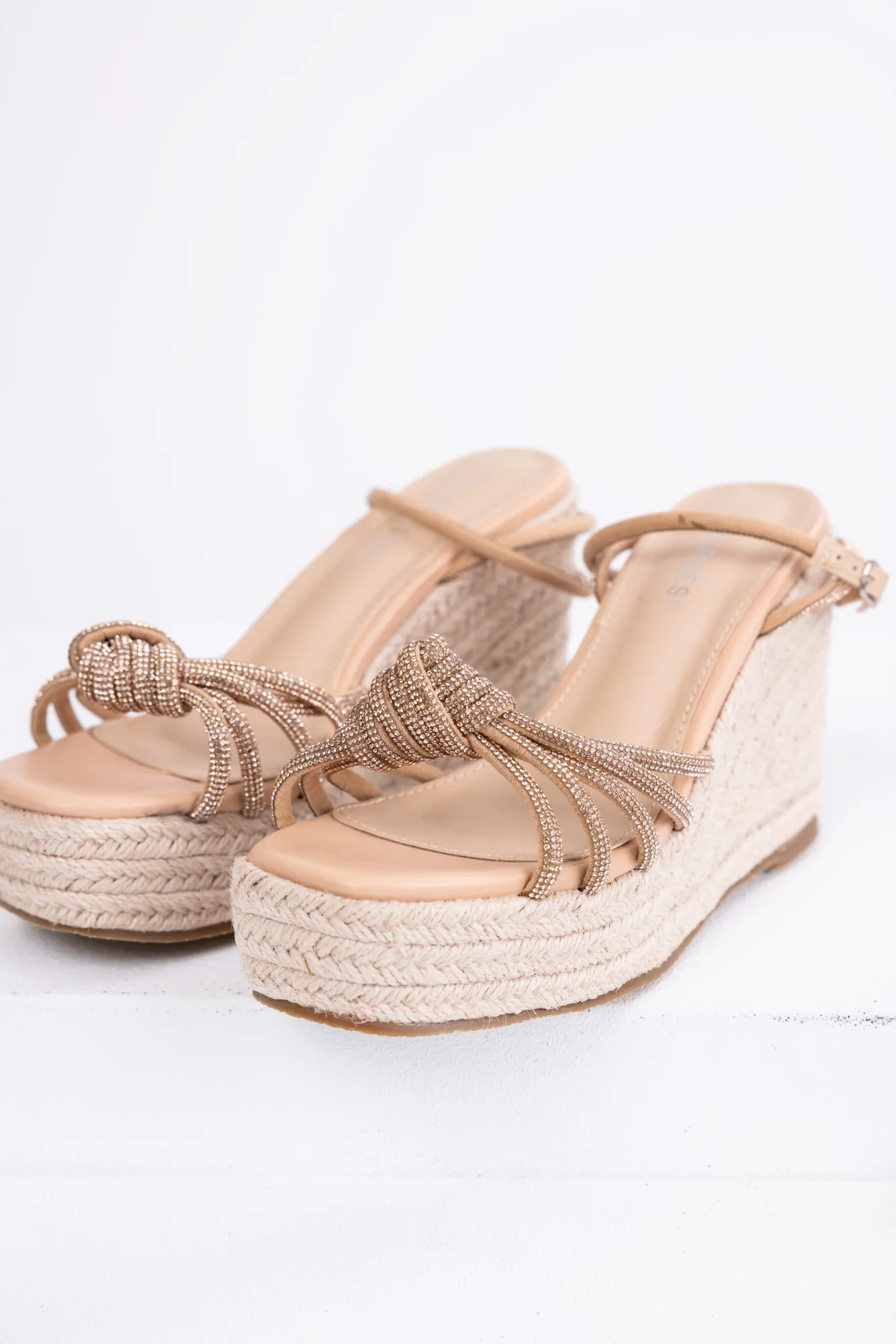 Gold Rhinestone Strappy Espadrille Wedges - Womens Elegant Fashion Shoes