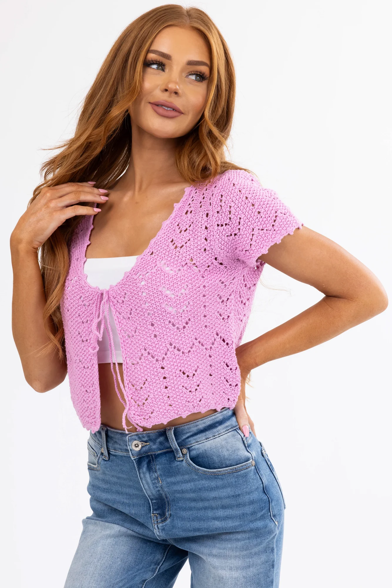 Pink Crochet Knit Cardigan Sweater