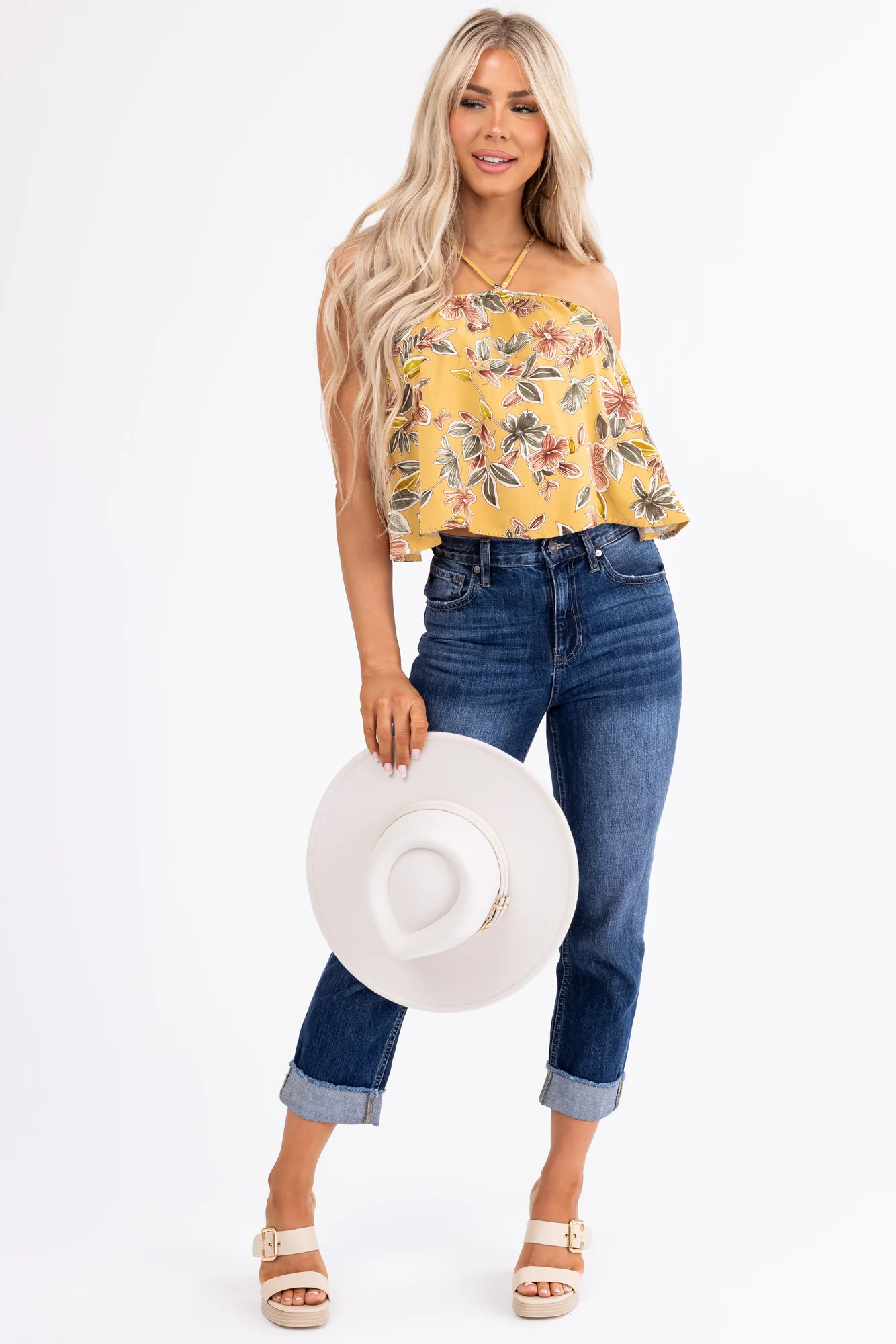 Mustard Floral Halter Tank Top Sleeveless Flowy Fit