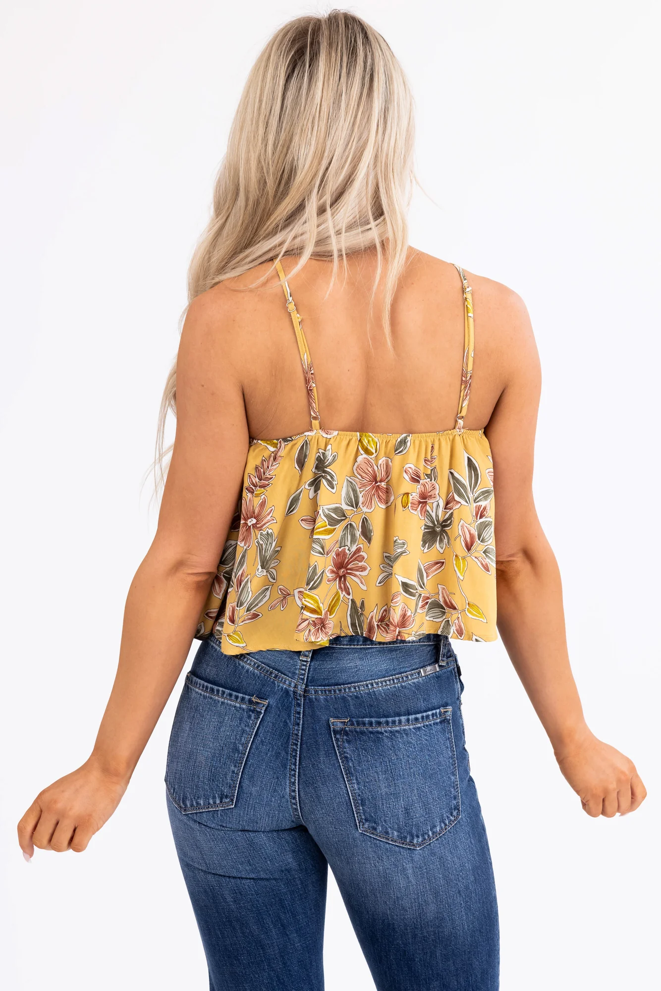 Mustard Floral Halter Tank Top Sleeveless Flowy Fit