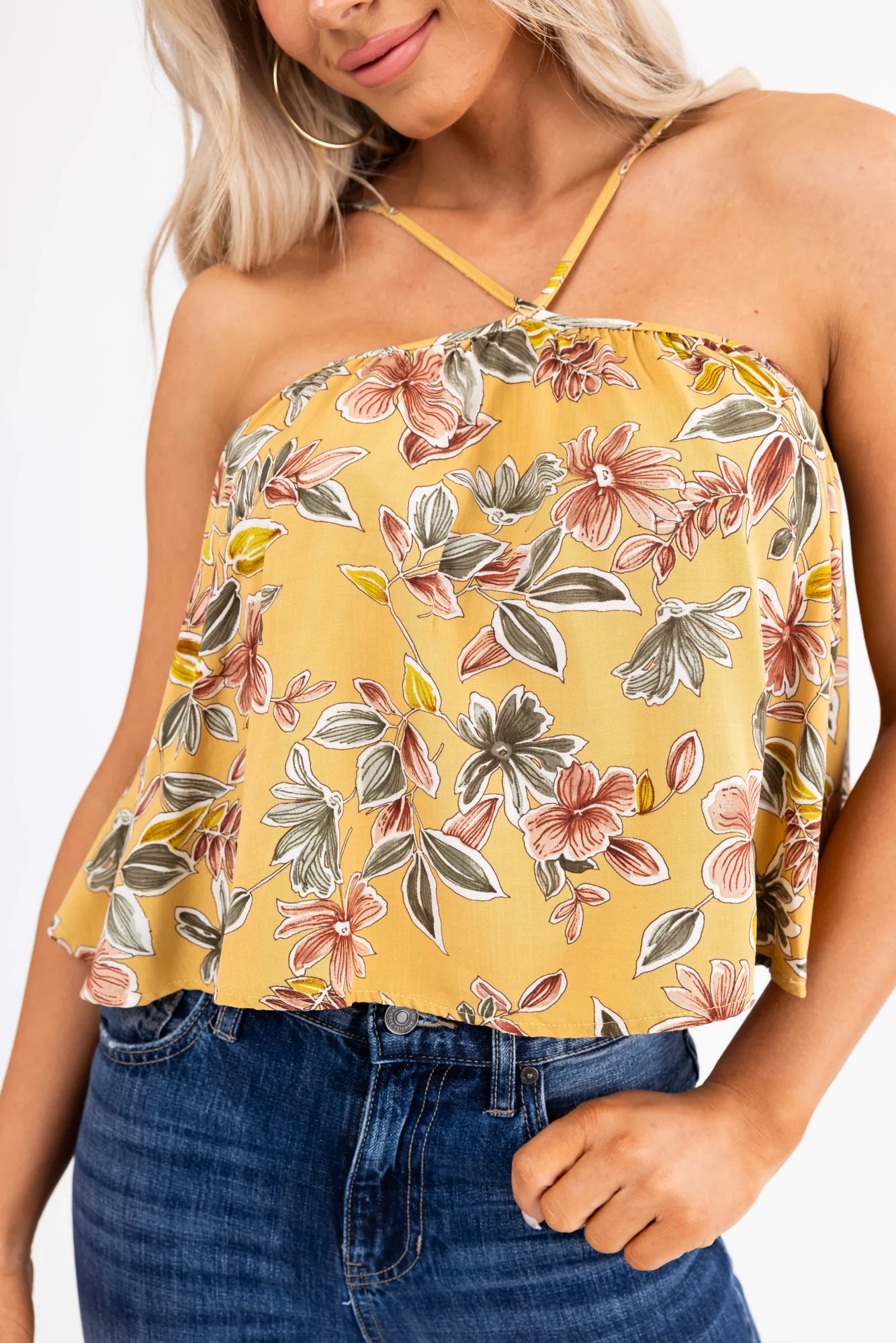 Mustard Floral Halter Tank Top Sleeveless Flowy Fit