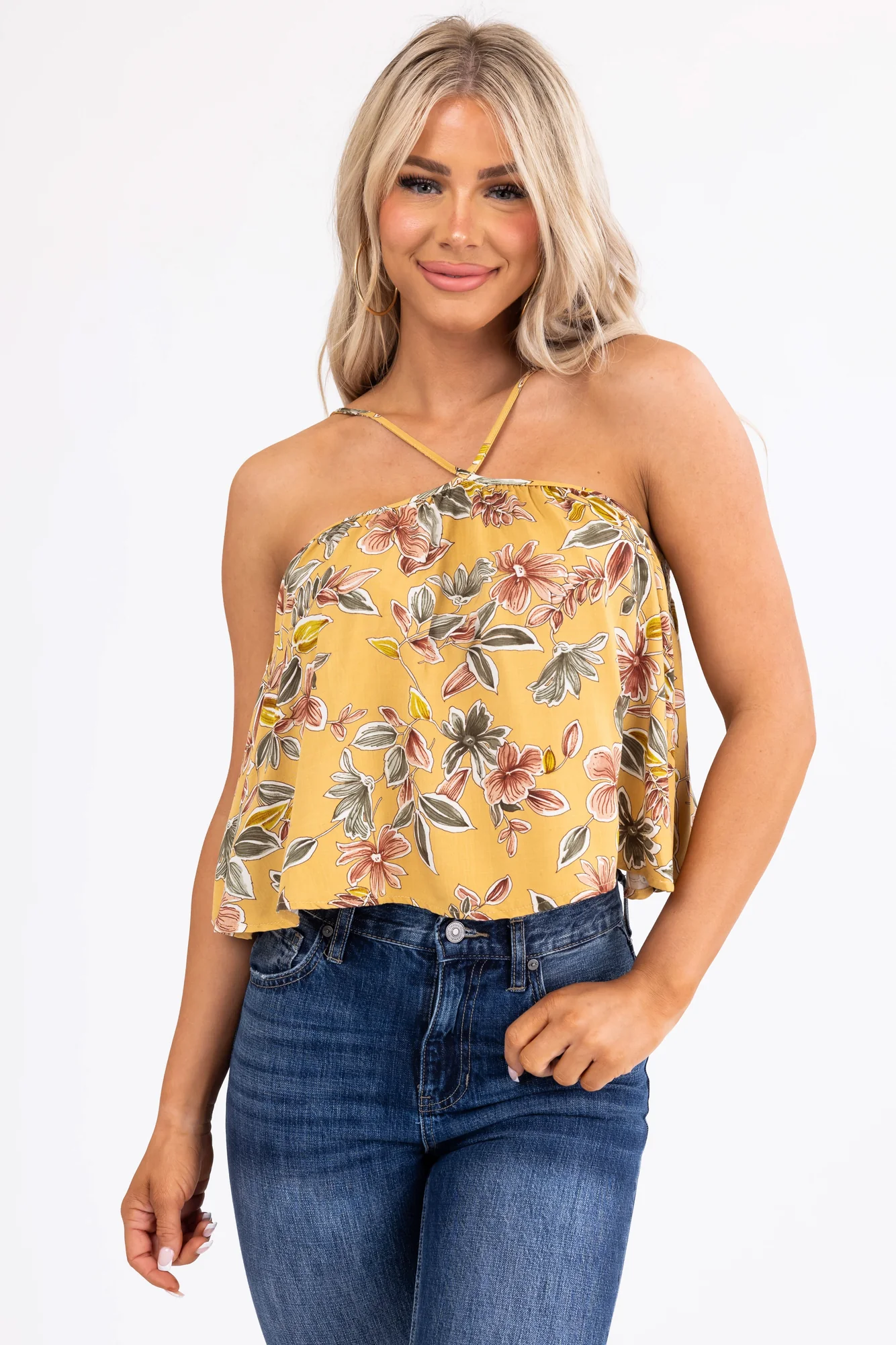 Mustard Floral Halter Tank Top Sleeveless Flowy Fit