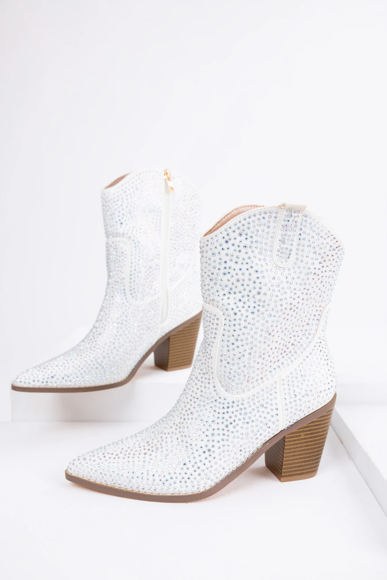 White Rhinestone Pointed Toe Ankle Boots - Stylish Western Design