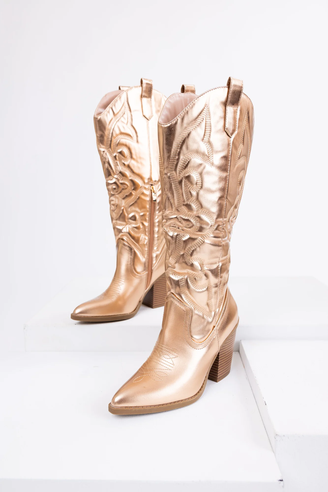 Western Metallic Faux Leather Boots - Champagne Color