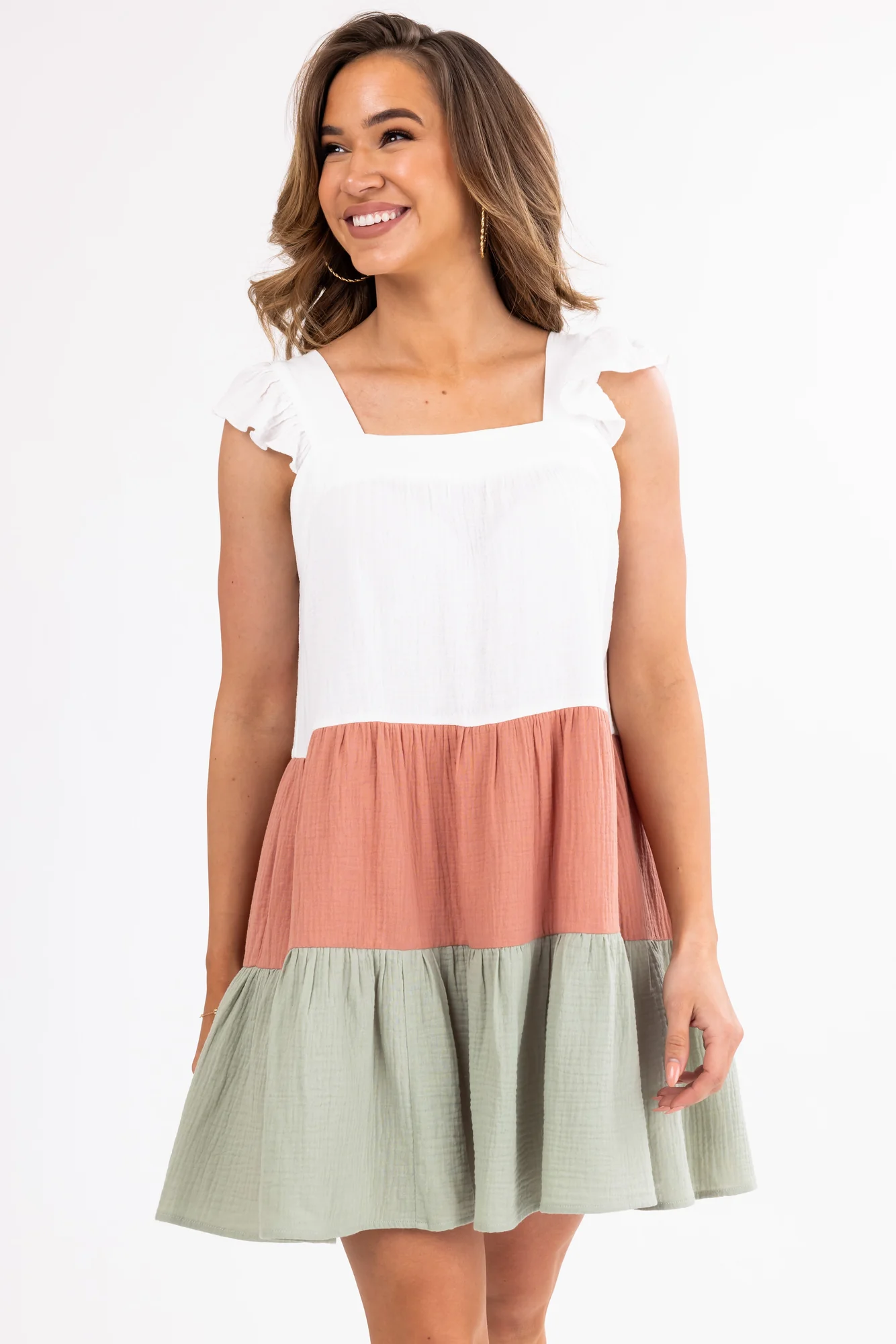 Ivory Colorblock Short Dress - Square Neckline & Tiered Design