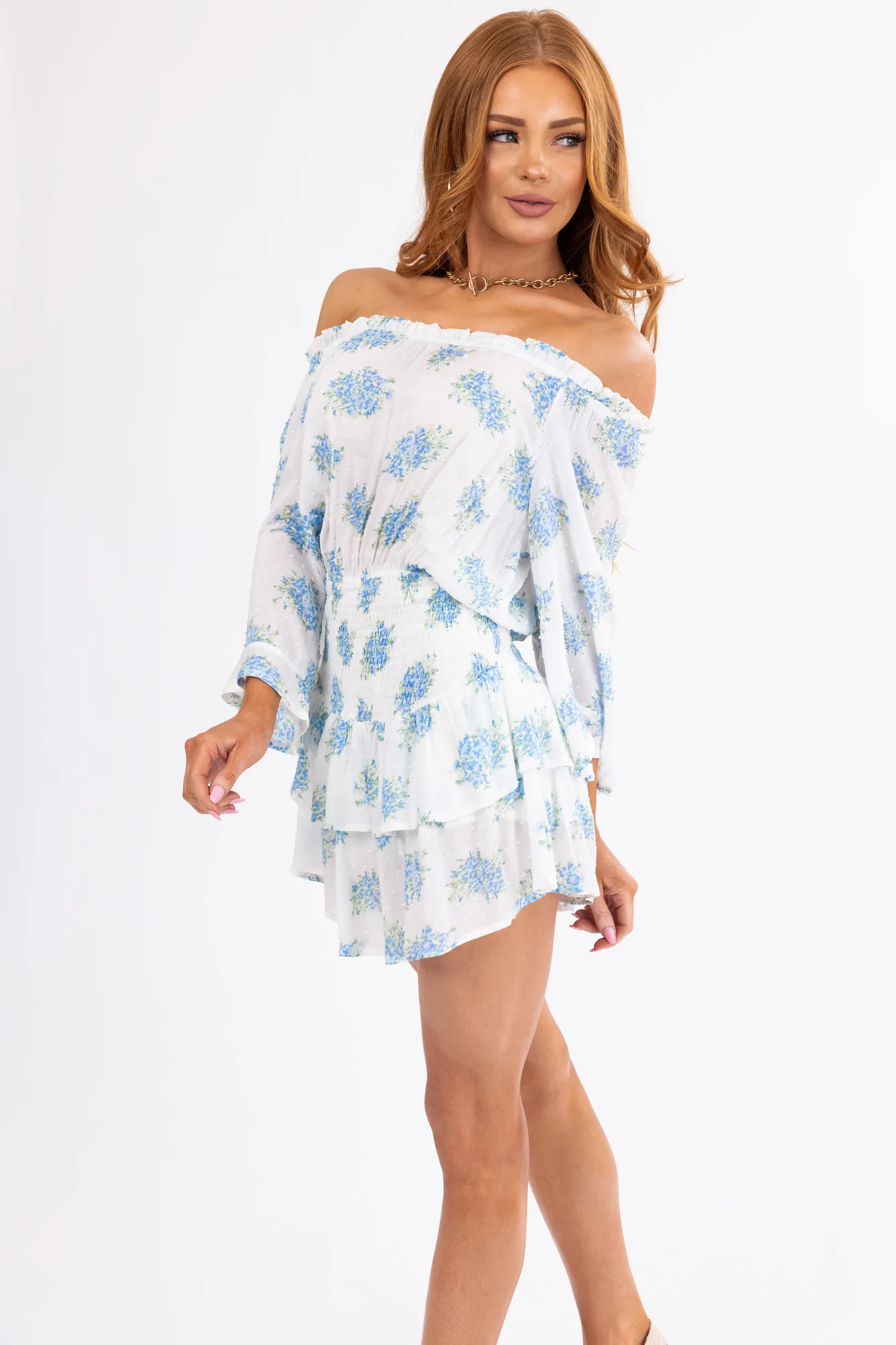 Floral Off-Shoulder Romper in Ivory and Sapphire | Date Night Dress
