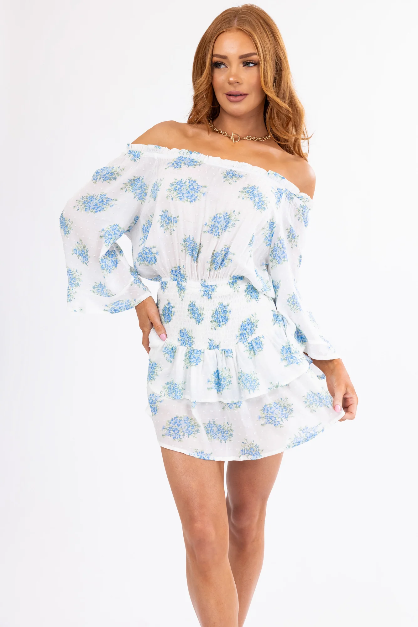 Floral Off-Shoulder Romper in Ivory and Sapphire | Date Night Dress