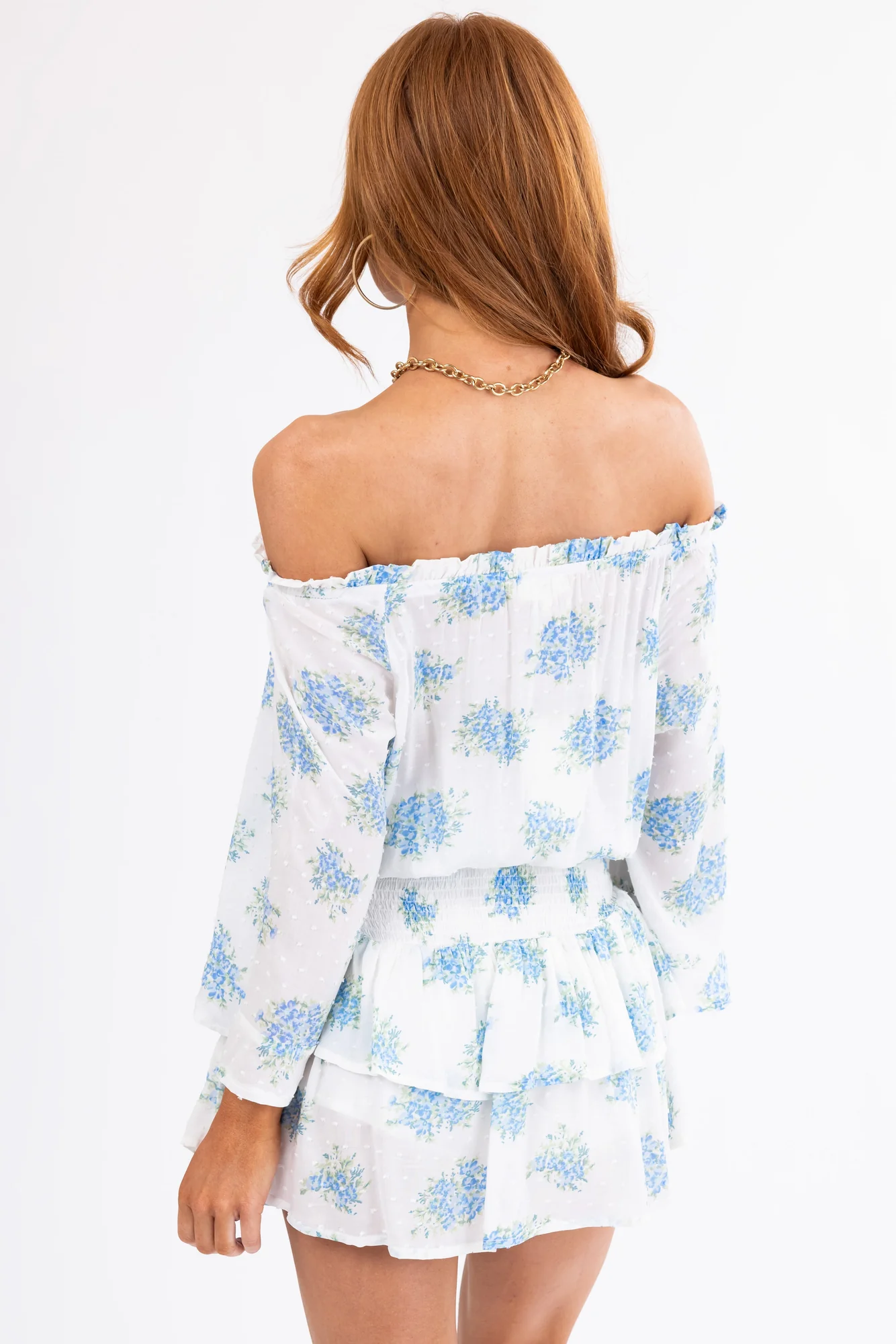 Floral Off-Shoulder Romper in Ivory and Sapphire | Date Night Dress