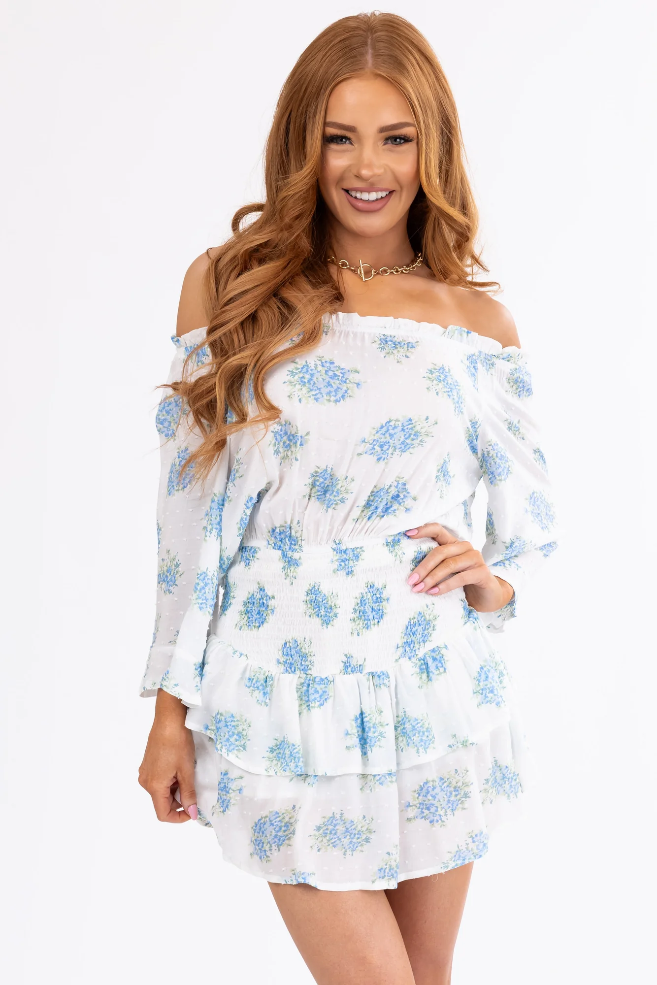 Floral Off-Shoulder Romper in Ivory and Sapphire | Date Night Dress