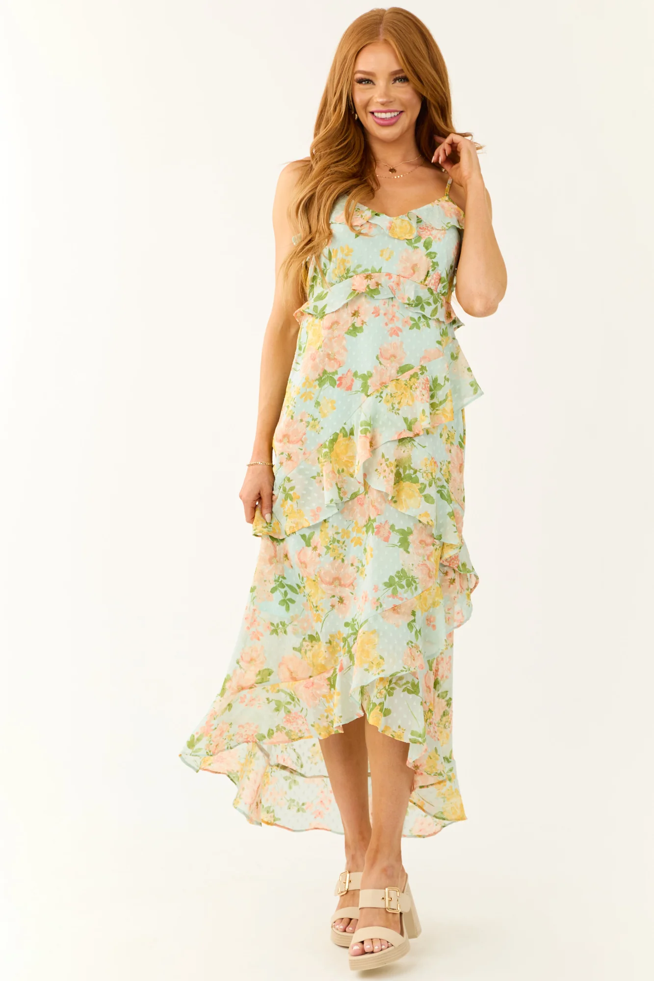 Blue Floral Ruffle Midi Dress - Sweetheart Neckline