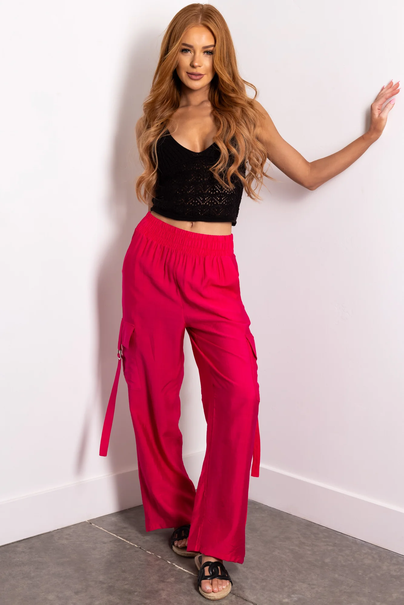 High Waisted Hot Pink Wide Leg Cargo Pants