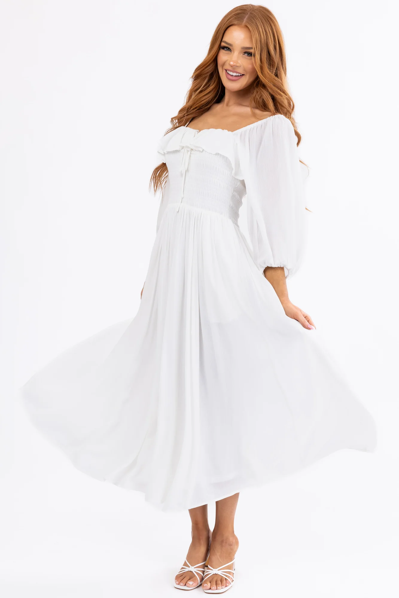 Ivory Smocked Midi Dress with Ruffle Overlay