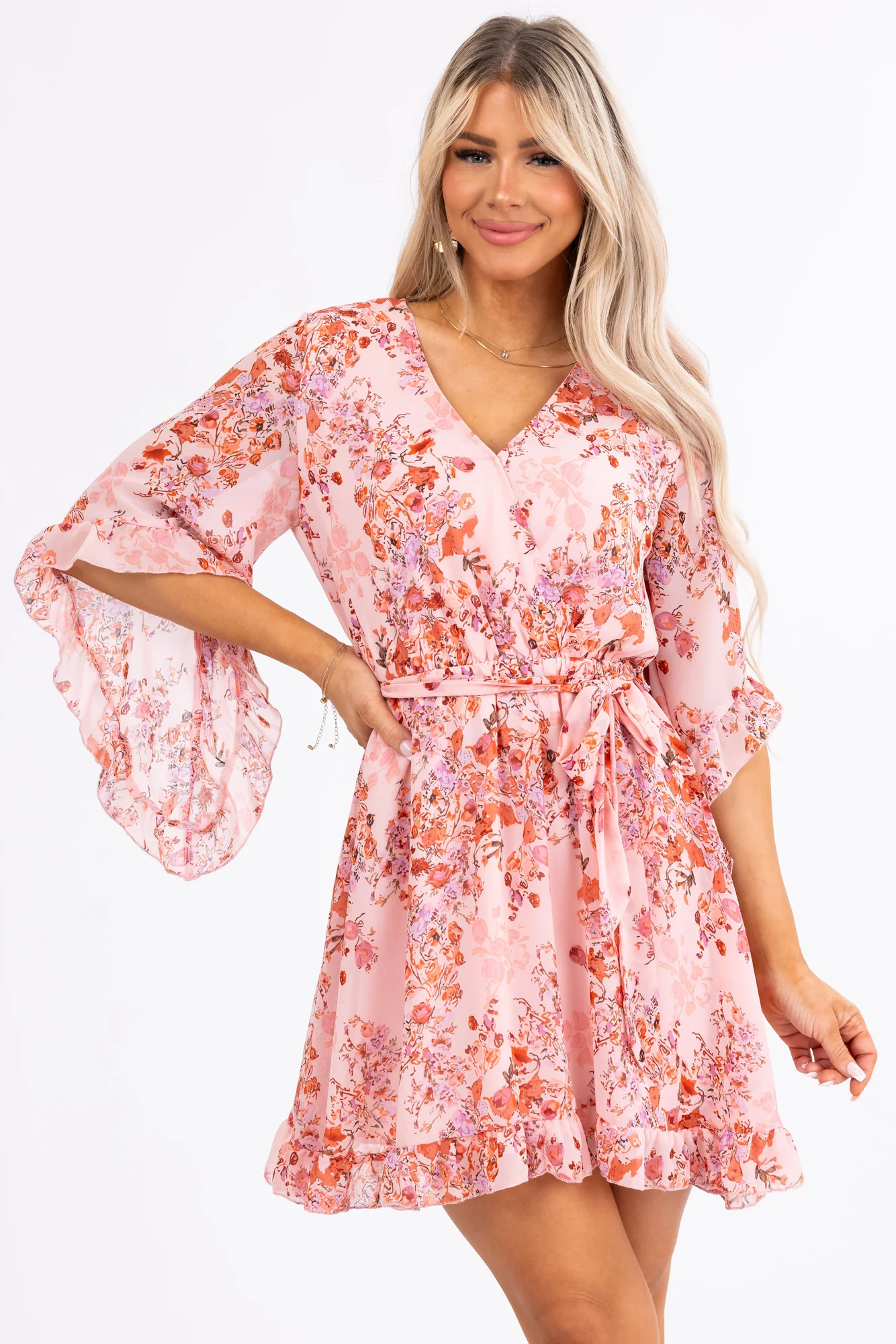 Floral Print V-Neck Short Dress in Blush Tones