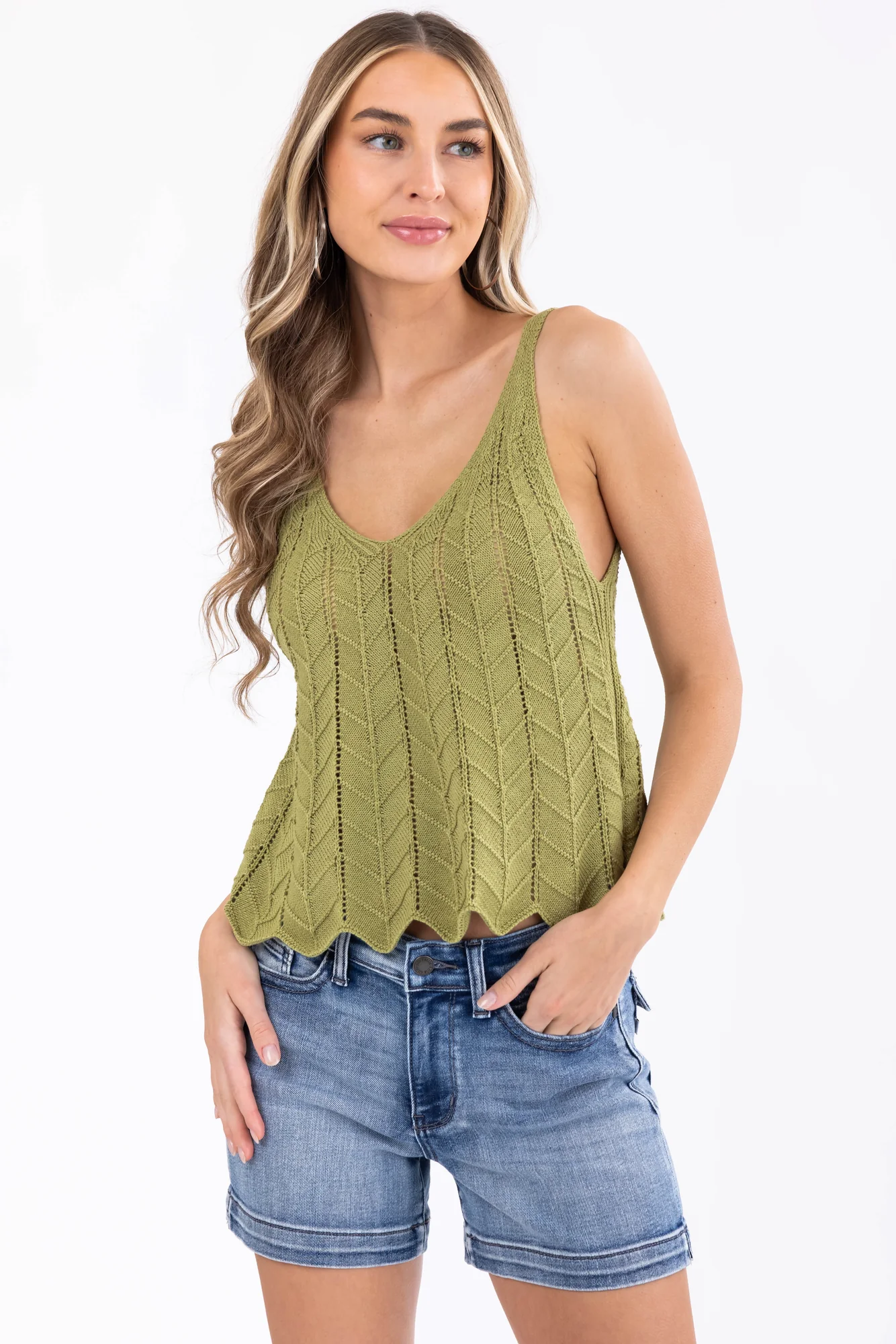 Textured Knit Scallop Hem Green Tank Top