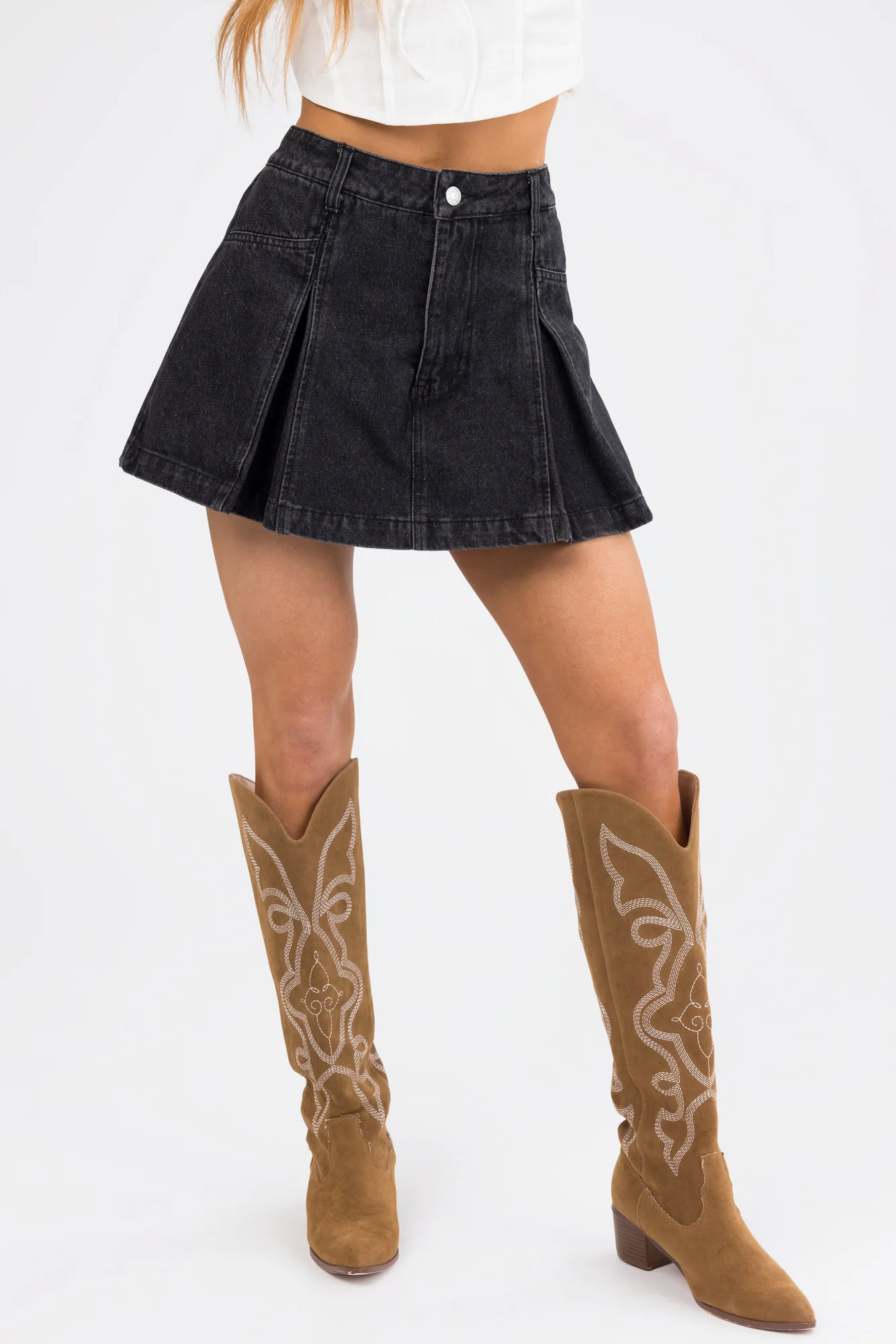 Black Denim Pleated Skort with High Waistband