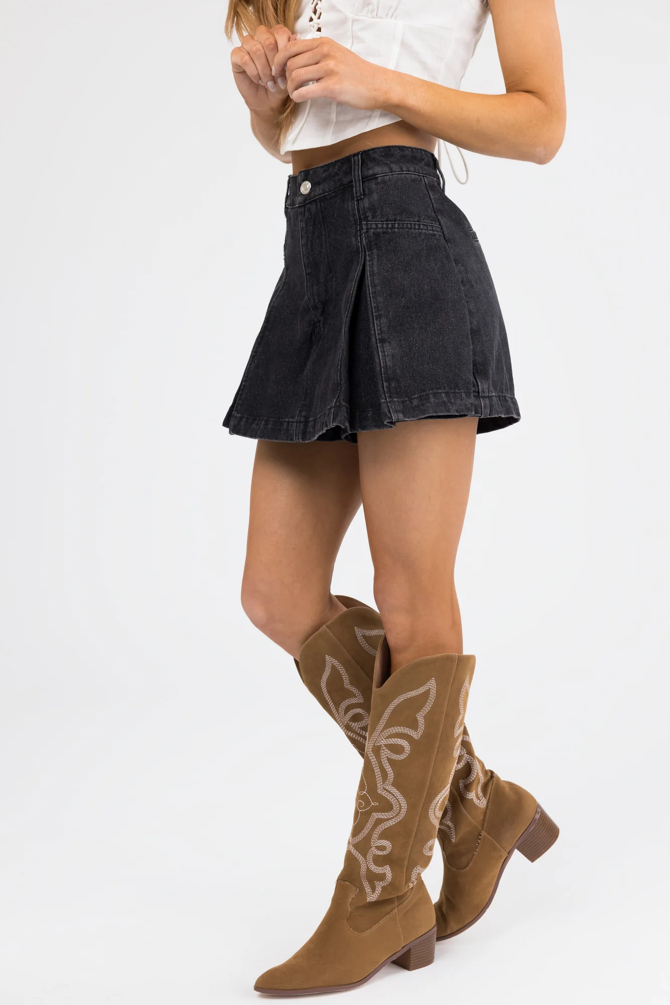 Black Denim Pleated Skort with High Waistband