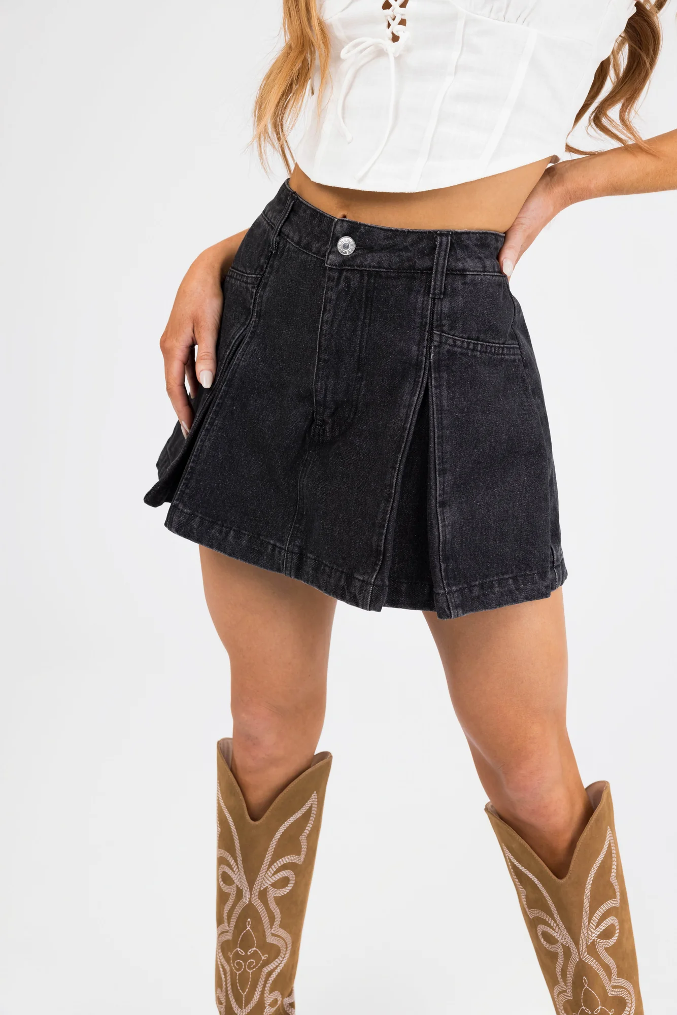 Black Denim Pleated Skort with High Waistband
