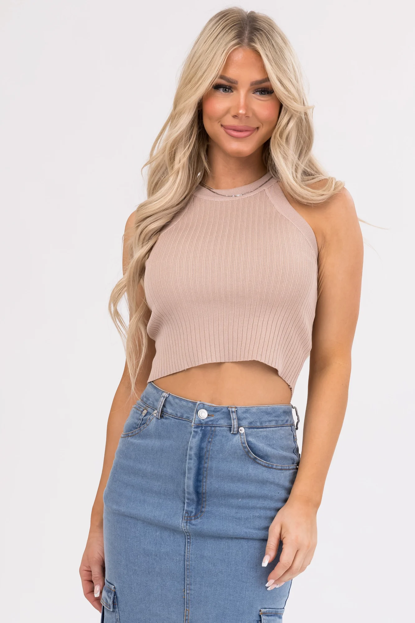 Taupe Ribbed Halter Neck Tank Top