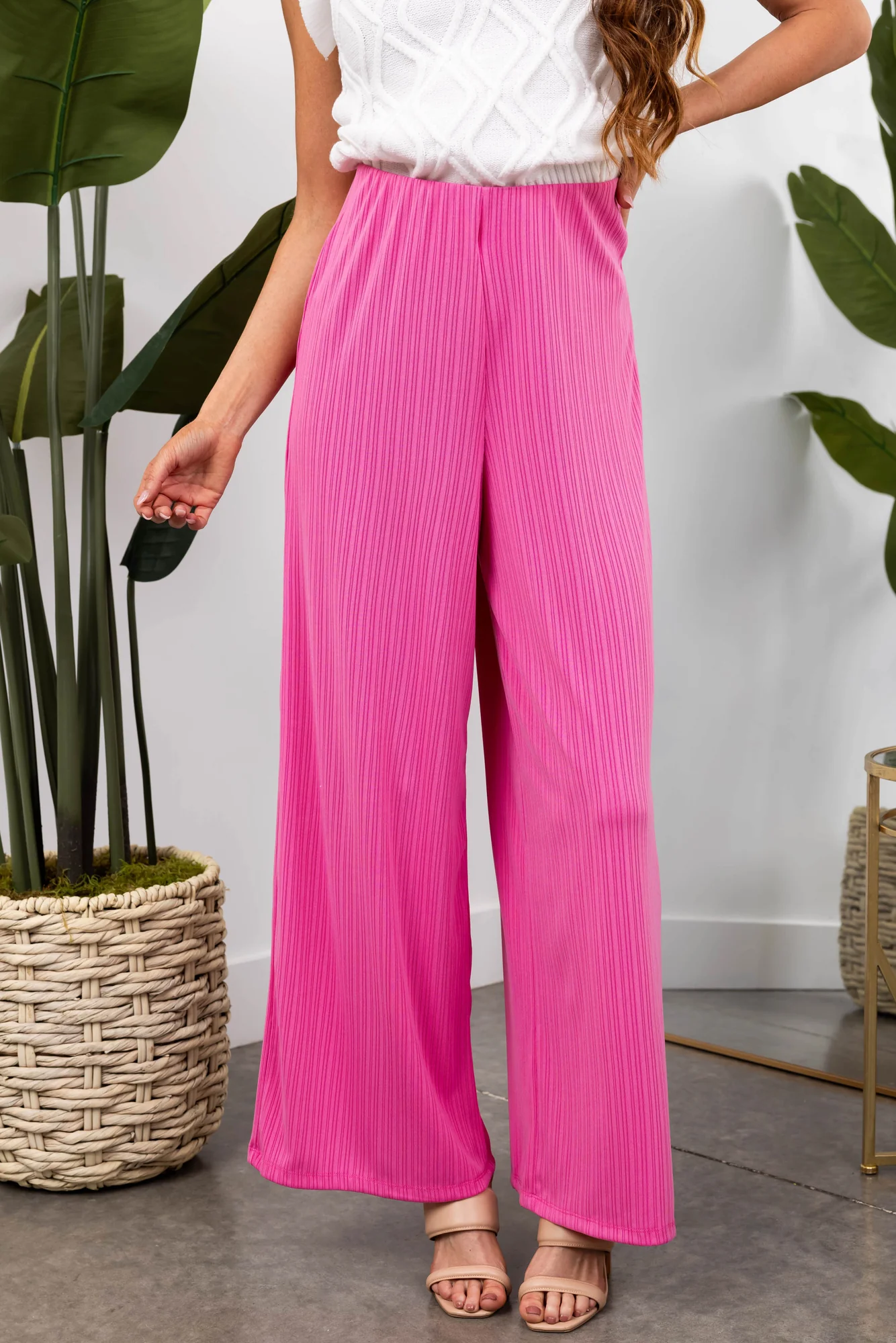 Bubblegum Ribbed Knit Wide Leg Pants in Pink