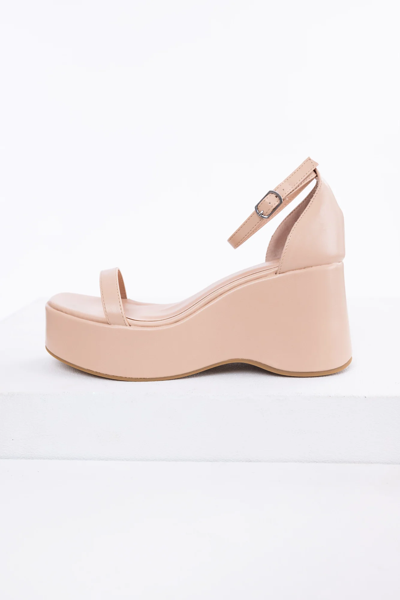 Taupe Faux Leather Ankle Strap Wedges