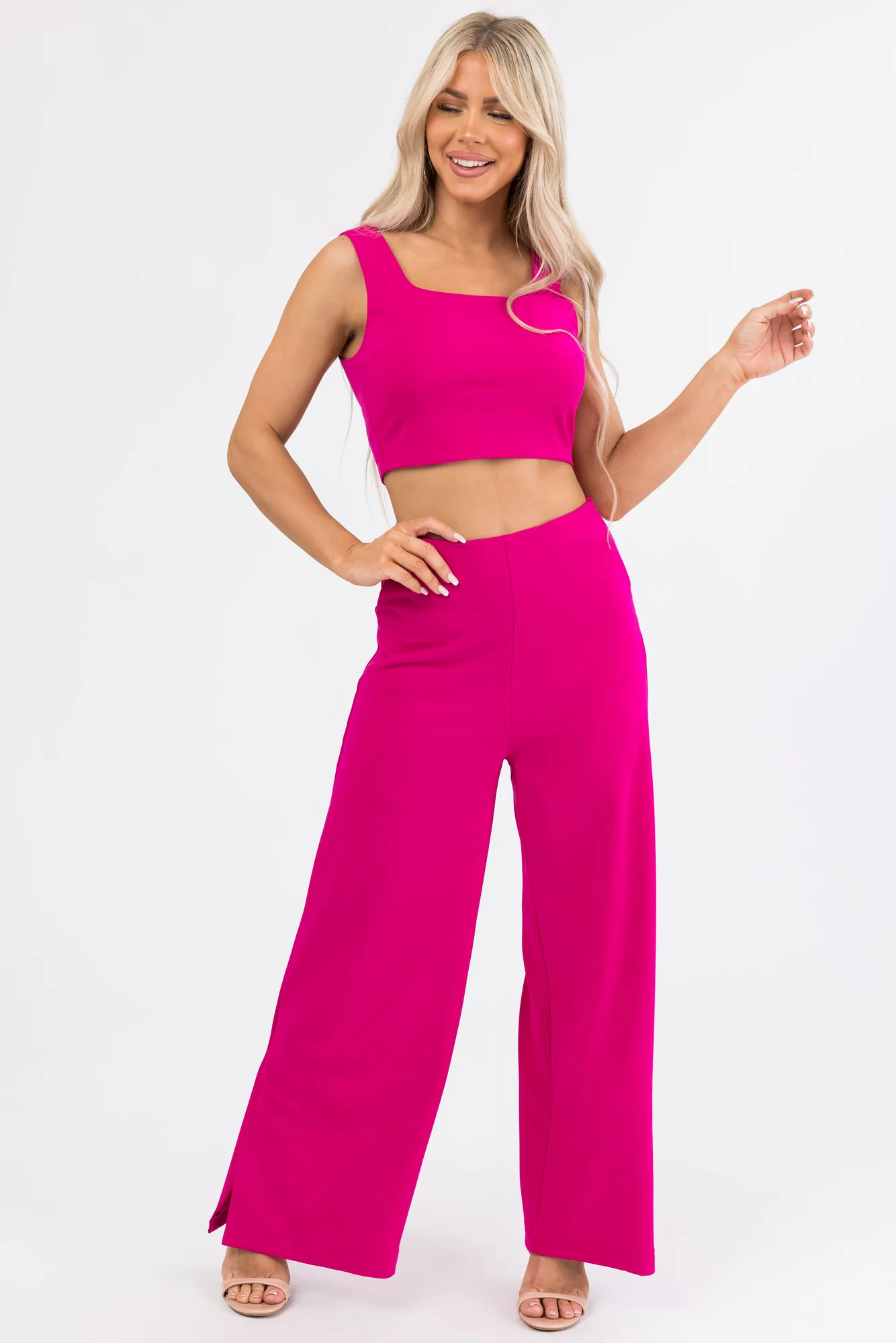 Magenta Wide Leg Side Slit Knit Pants