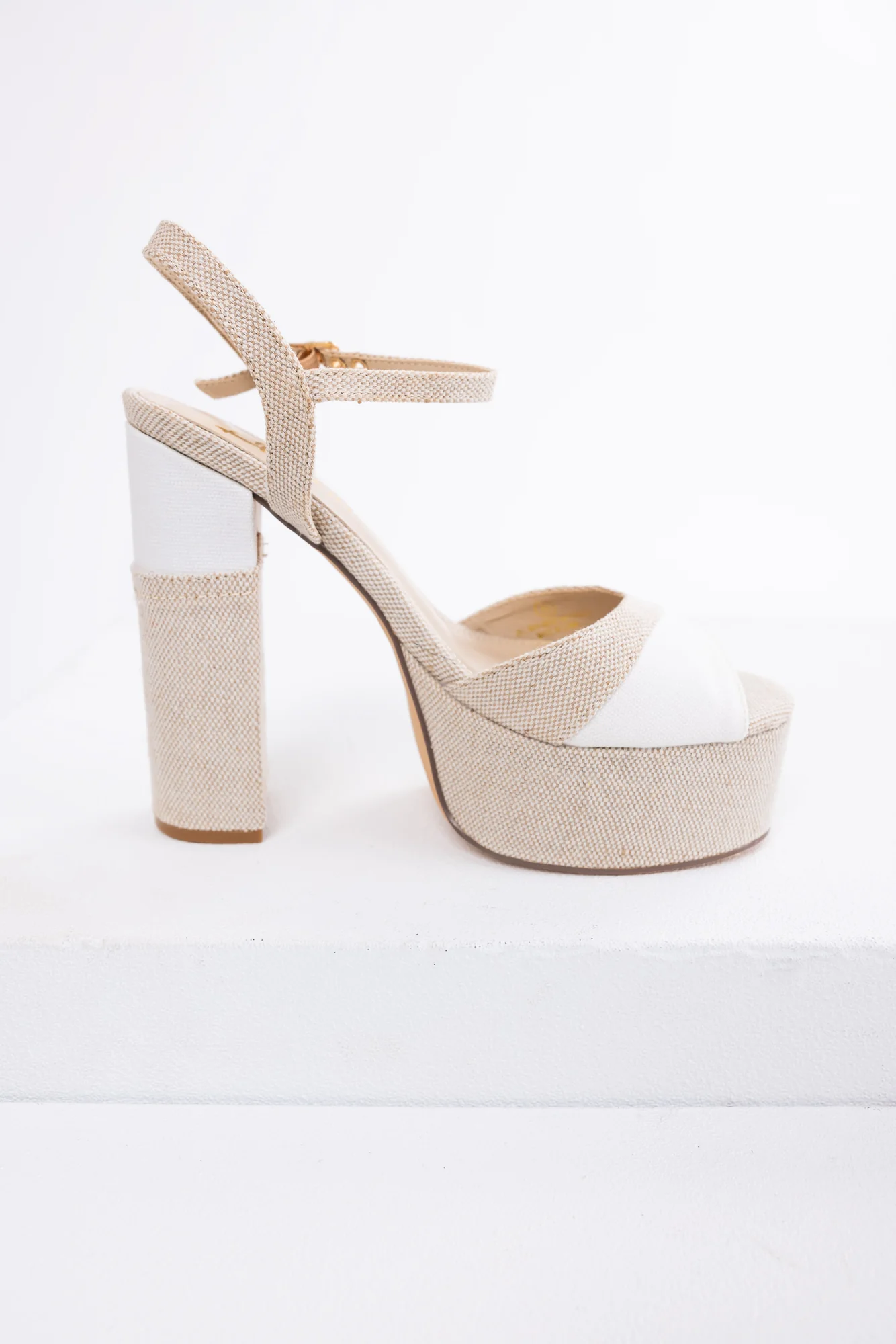 White Linen Patchwork High Heel Sandals
