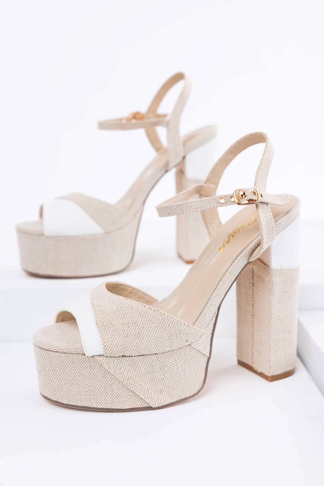 White Linen Patchwork High Heel Sandals