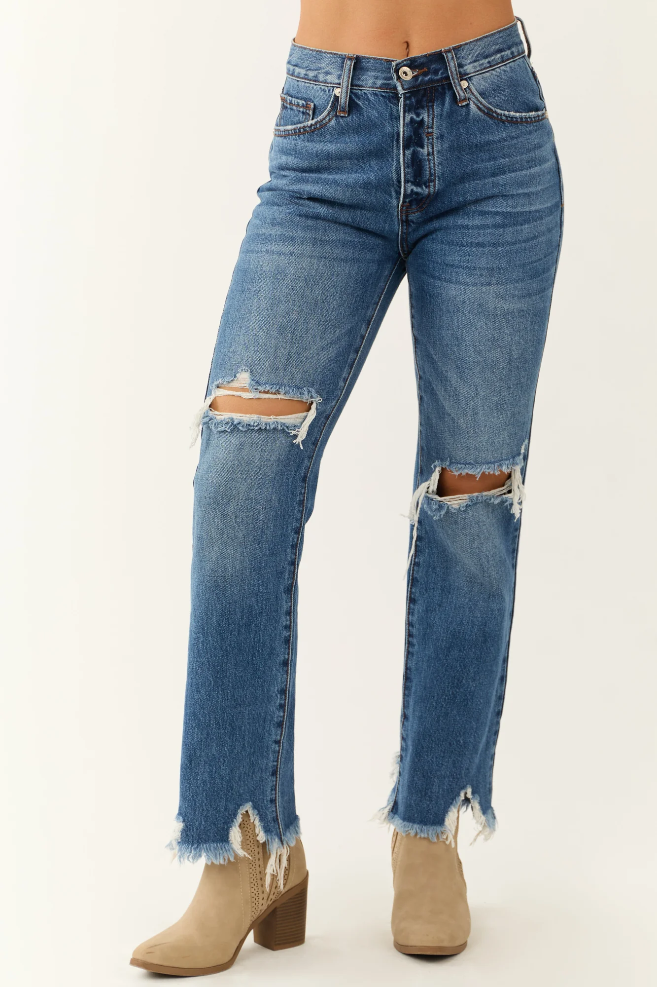 Medium Washed Frayed Hem Distressed Jeans